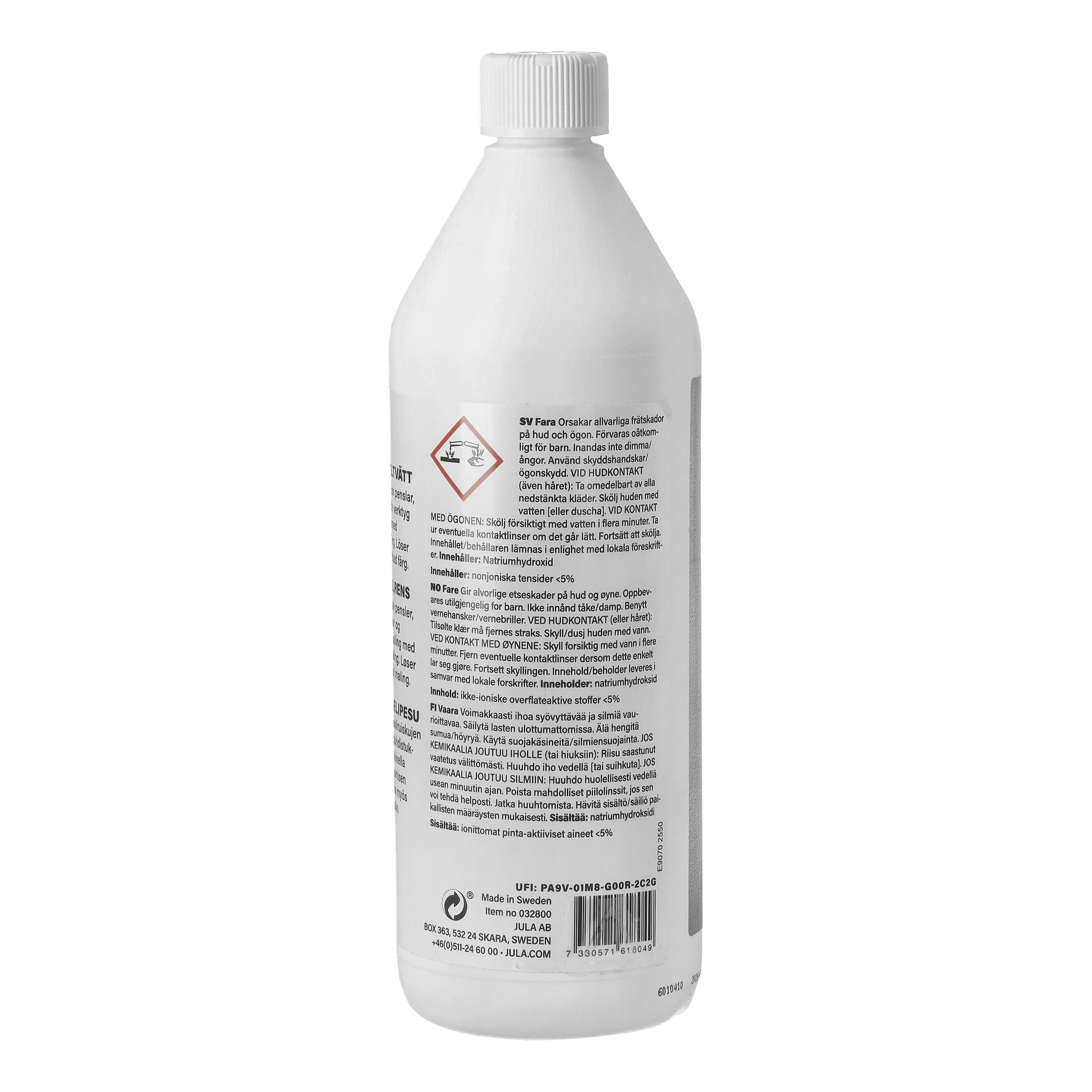 En vit plastflaska med varningsetikett för farliga kemikalier och text som detaljerar säkerhetsinstruktioner, ingredienser och tillverkarens information.