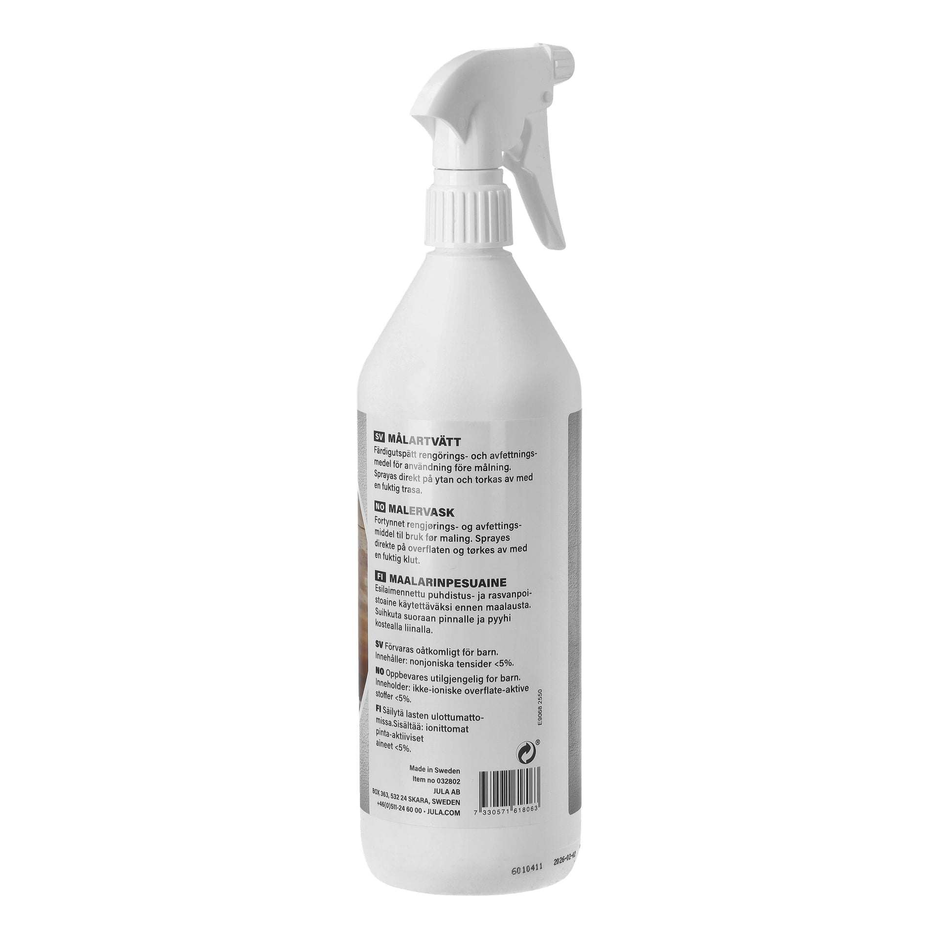 En vit plastsprayflaska med ett utlösarmunstycke. Etiketten anger att det är ett rengörings- och avfettningsmedel för målningsförberedelser.