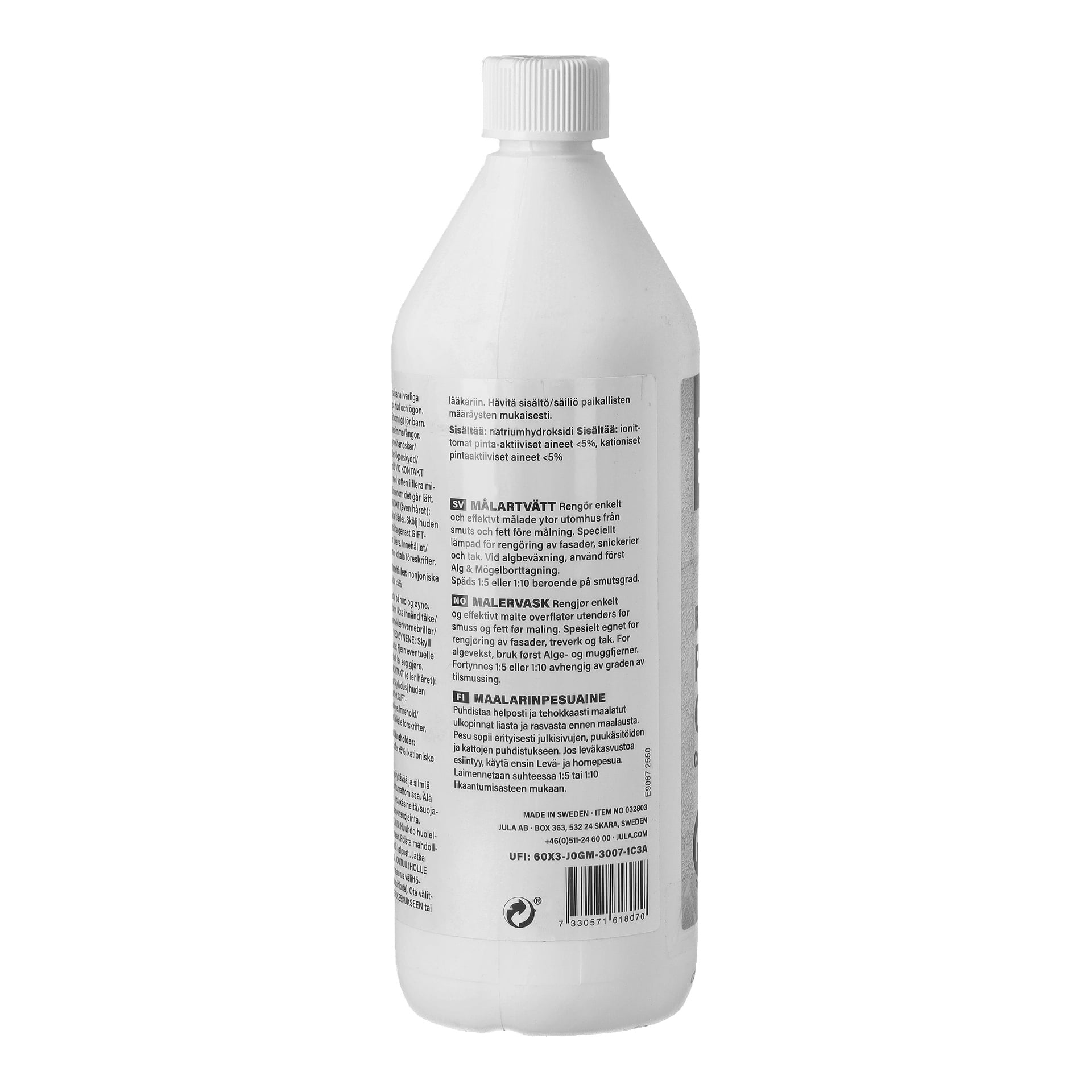 En vit plastflaska med vit kork, etikett som visar användnings- och säkerhetsinstruktioner för rengöringsprodukter, streckkod och företagsinformation längst ner.