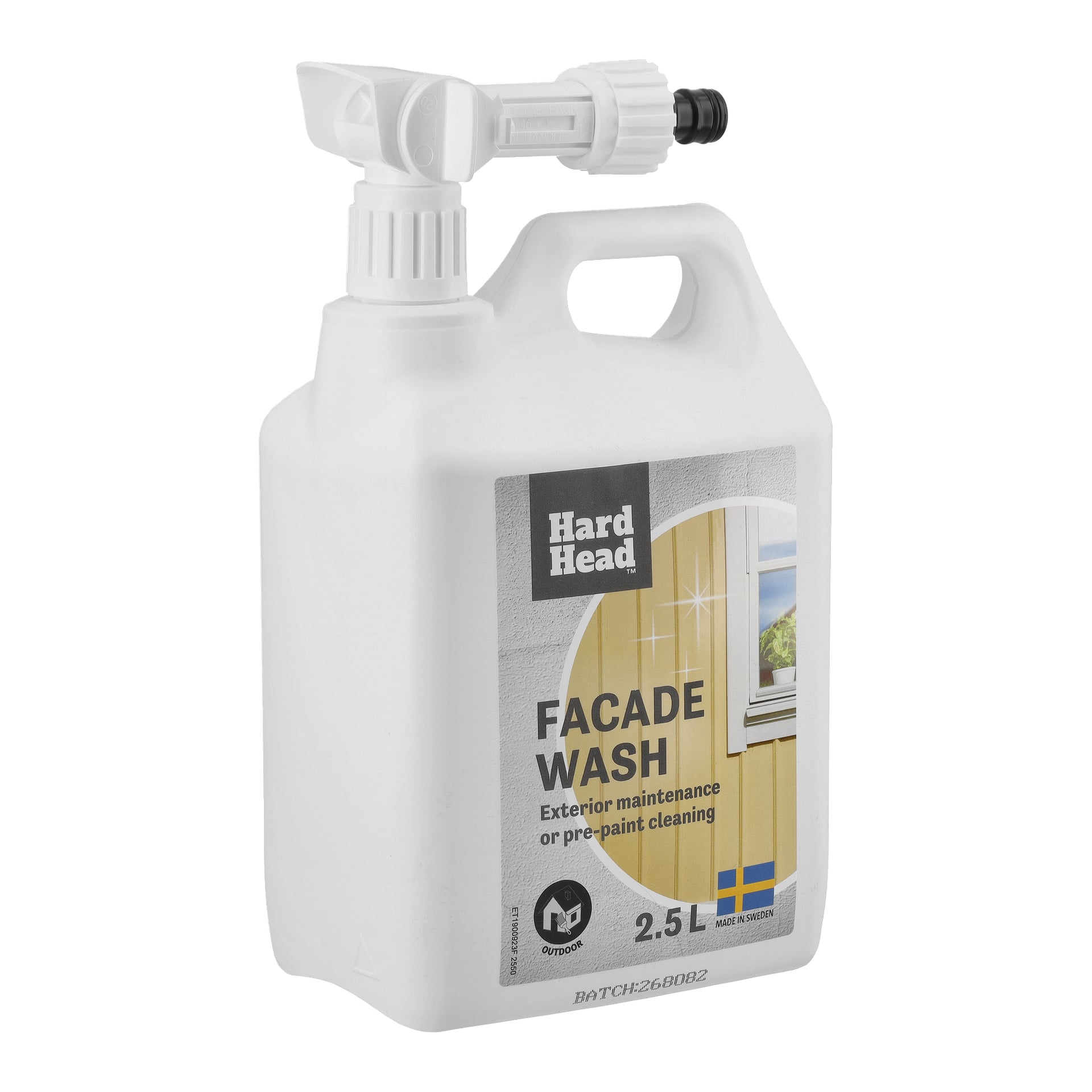 En vit 2,5-liters Hard Head Facade Wash-behållare med spraymunstycke, märkt för utomhus- eller förmålningsrengöring, förvaring och flagga på etiketten.