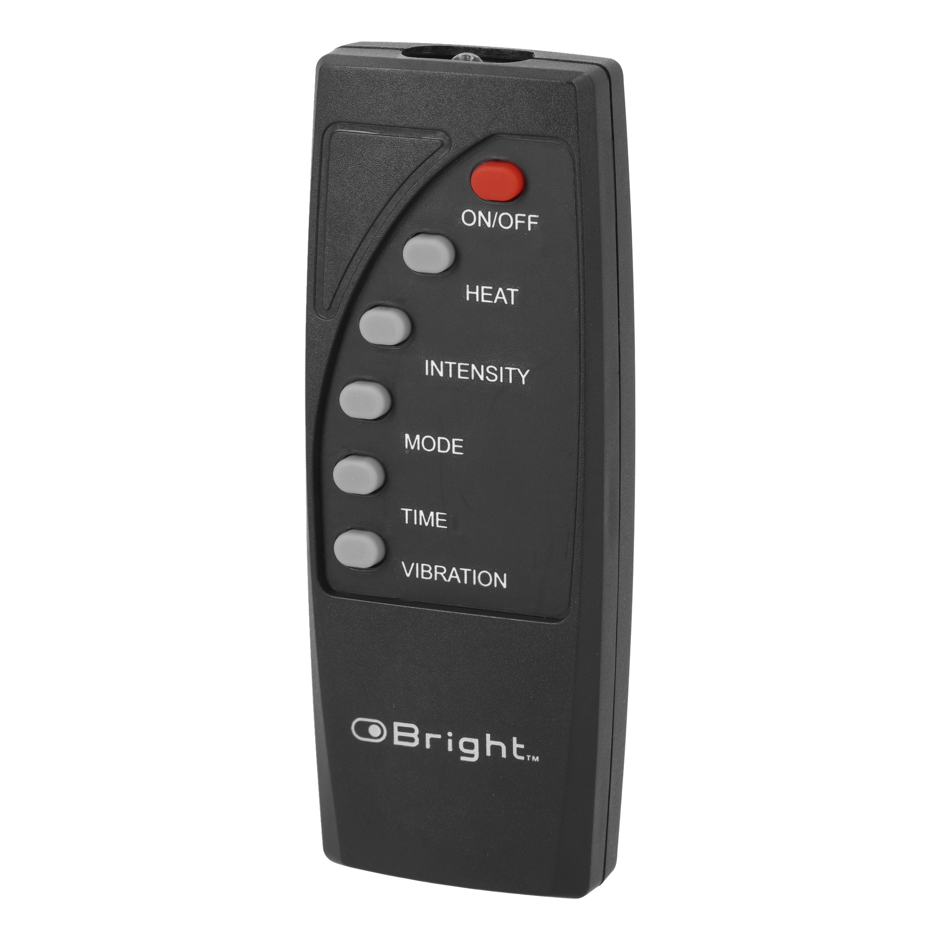 Svart oBright-fjärrkontroll med en röd PÅ/AV-knapp, fem grå knappar för VÄRME, INTENSITET, LÄGE, TID, VIBRATION och varumärke nedan.