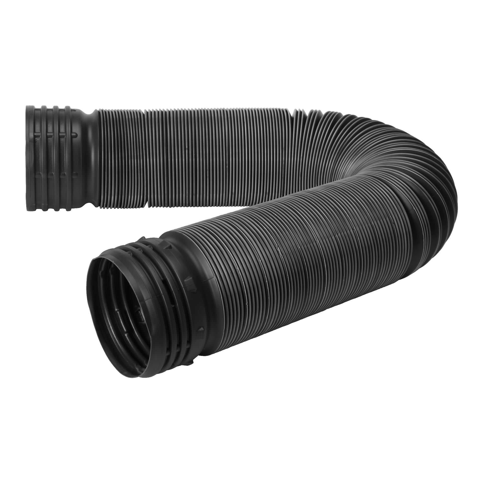 Lähikuva Raindrain Drain -letkusta Flex-Drain FXD8, jossa näkyy joustava musta aaltopelttiletku, joka on taivutettu kulmaan ja molemmat päät näkyvissä.