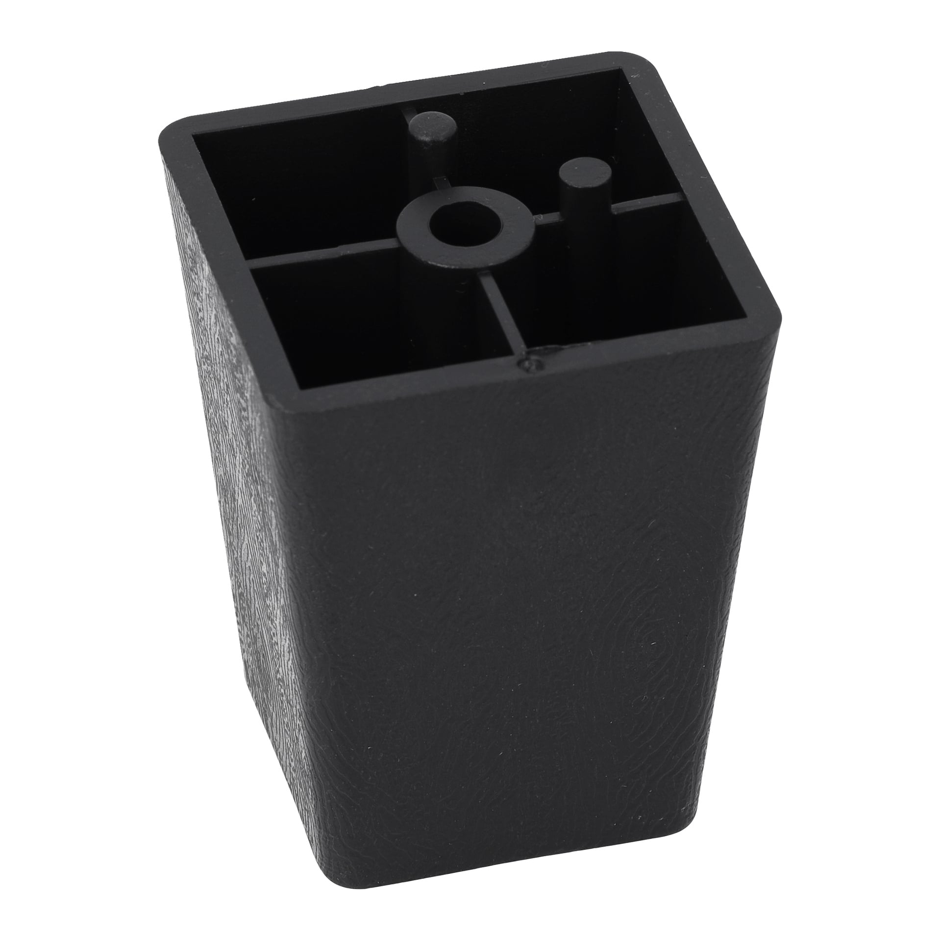 En svart rektangulär möbelbas i plast med ett ihåligt centrum och små cylindriska knölar, sedda från en vinklad vy uppifrån.