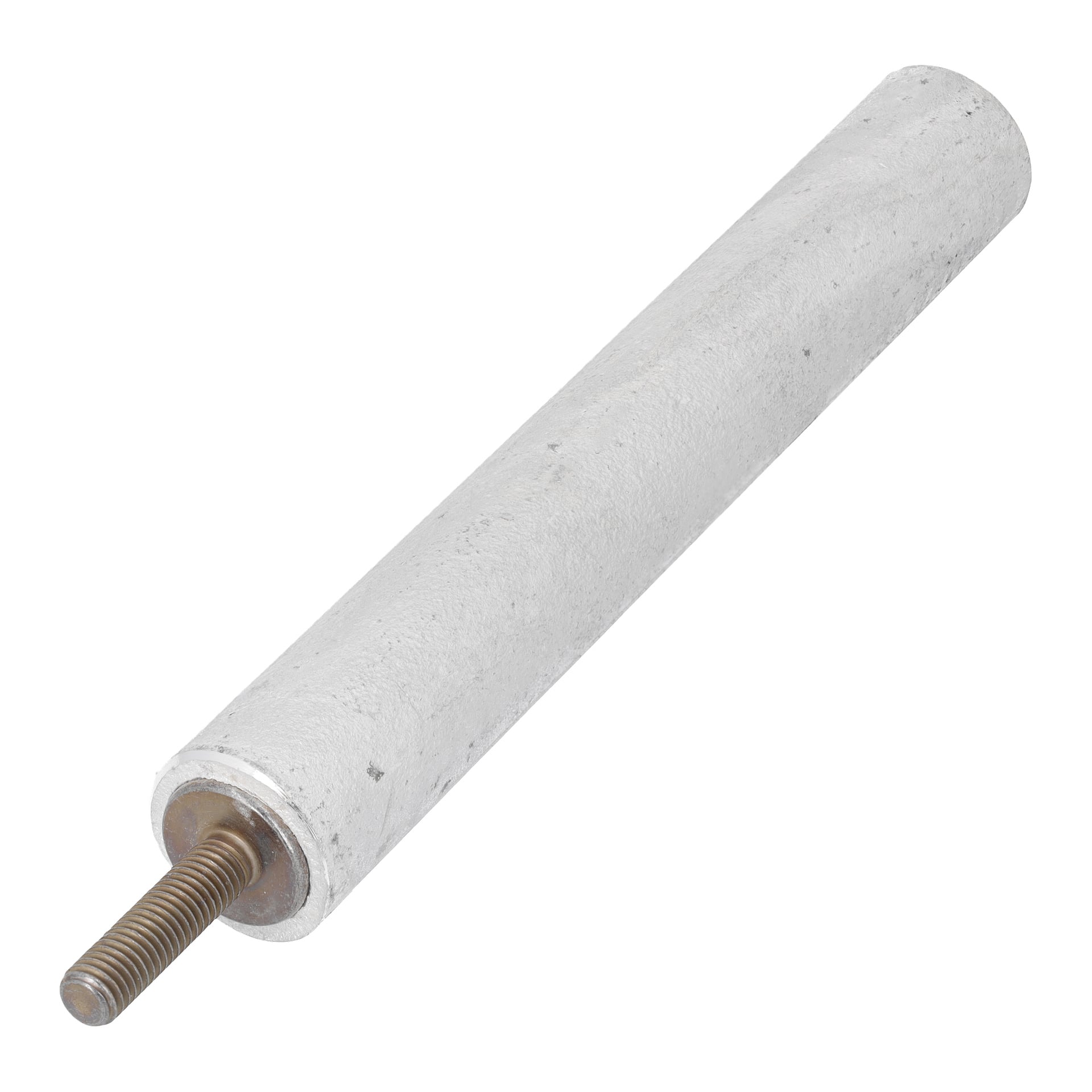 Sylinterimäinen valkoinen magnesiumanodi lämminvesivaraajalle, jonka toisesta päästä törröttää kierteinen metallitolppa.