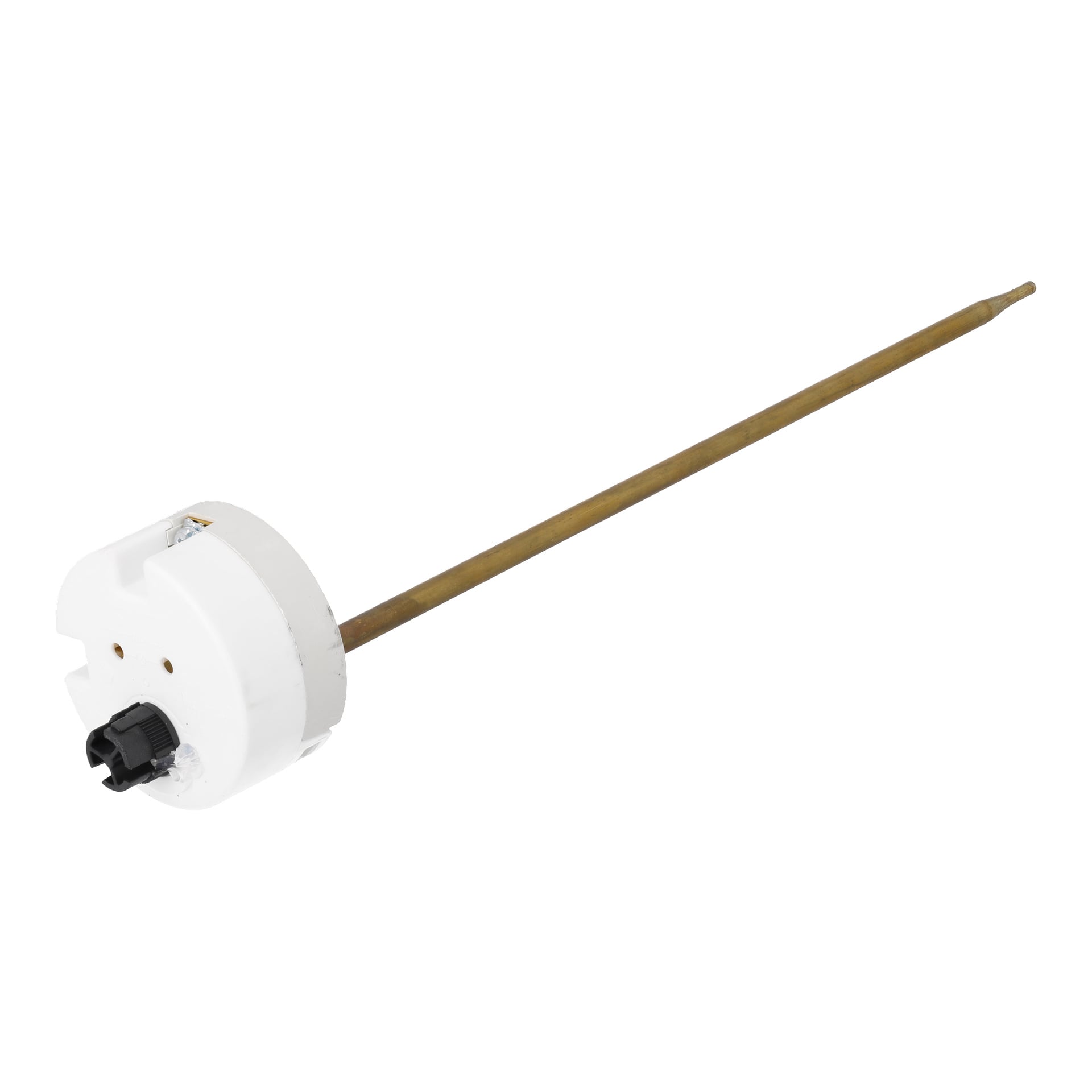 En vit och svart cylindrisk termostat på en lång mässingsstång, designad för att styra värmeelement i 50/100 l varmvattenberedare.