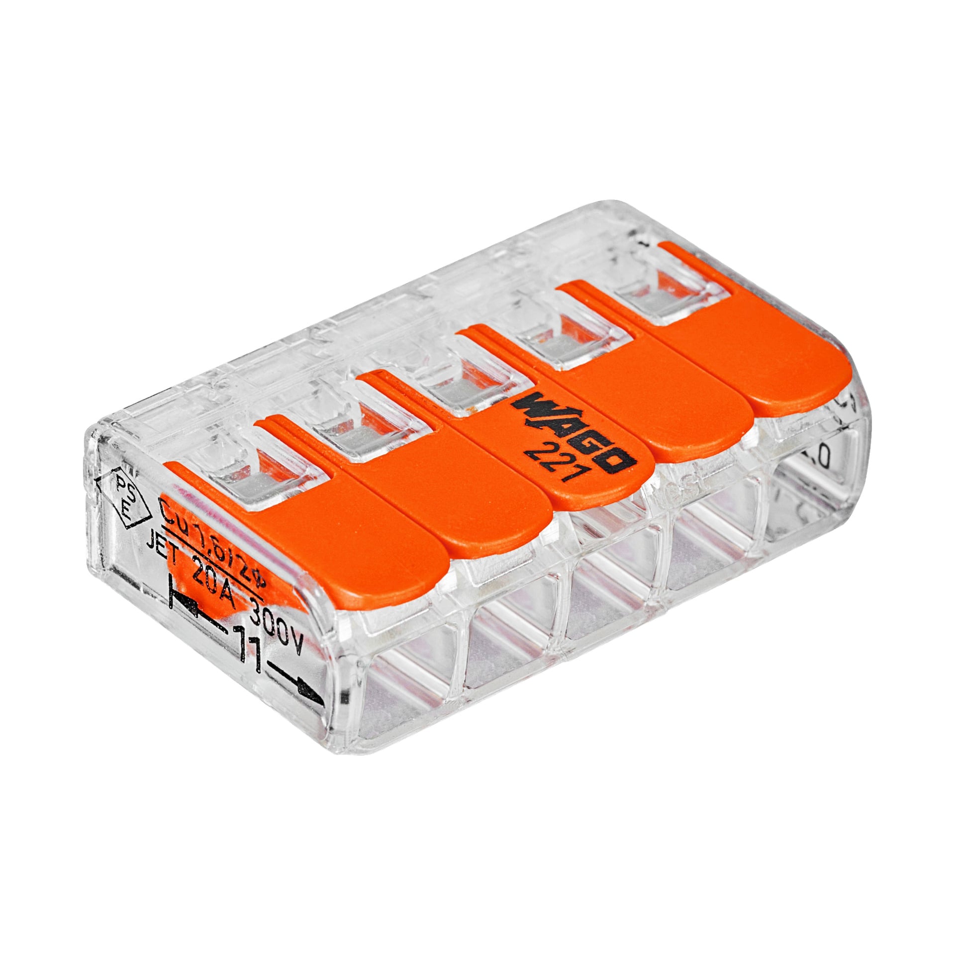 Ein 8er-Pack Wago 221-415 Verbindungsstecker mit transparenten Gehäusen und fünf orangefarbenen Hebeln an jedem Gerät zum Verbinden der Drähte. Spannungs- und Stromangaben werden an der Seite angezeigt.