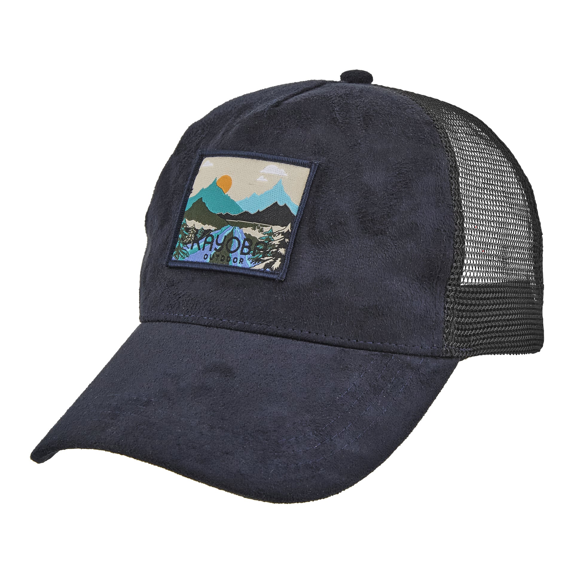 Eine dunkelblaue Trucker-Mütze mit Mesh-Paneelen und einem vorderen Patch, der Berge, Sonne, Bäume und die Worte Karude Outdoor zeigte.