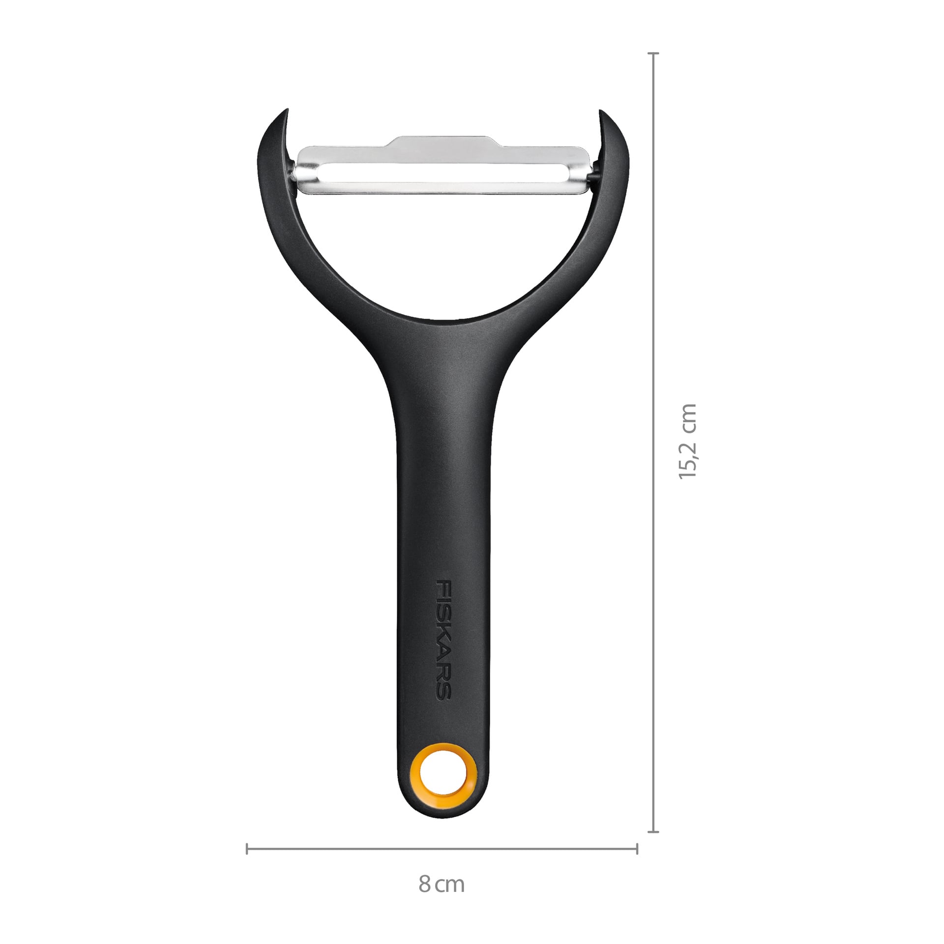 Svart handtags grönsaksskalare med horisontellt blad, 15,2 cm gånger 8 cm, gul ring nära basen och Fiskars på handtaget.