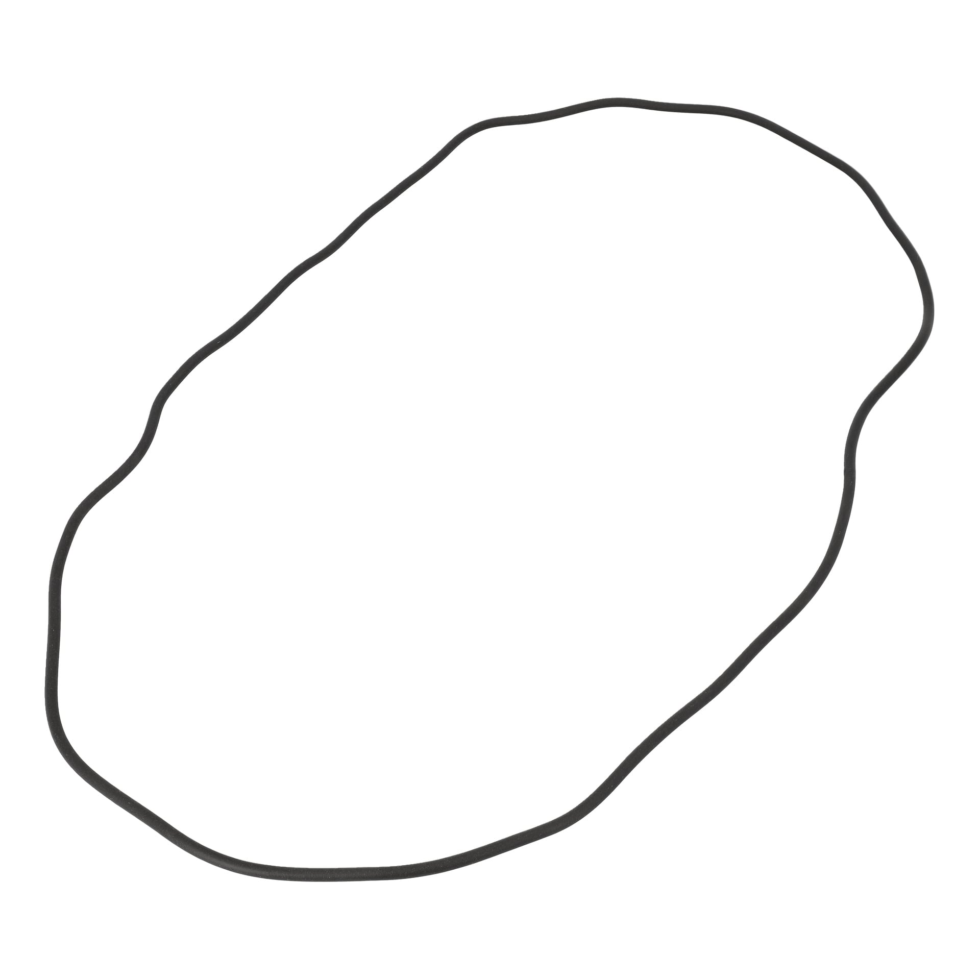 En tunn, svart tätningsremsa för robotgräsklippare ligger platt i en oregelbunden, oval form med vågiga, ojämna kanter.