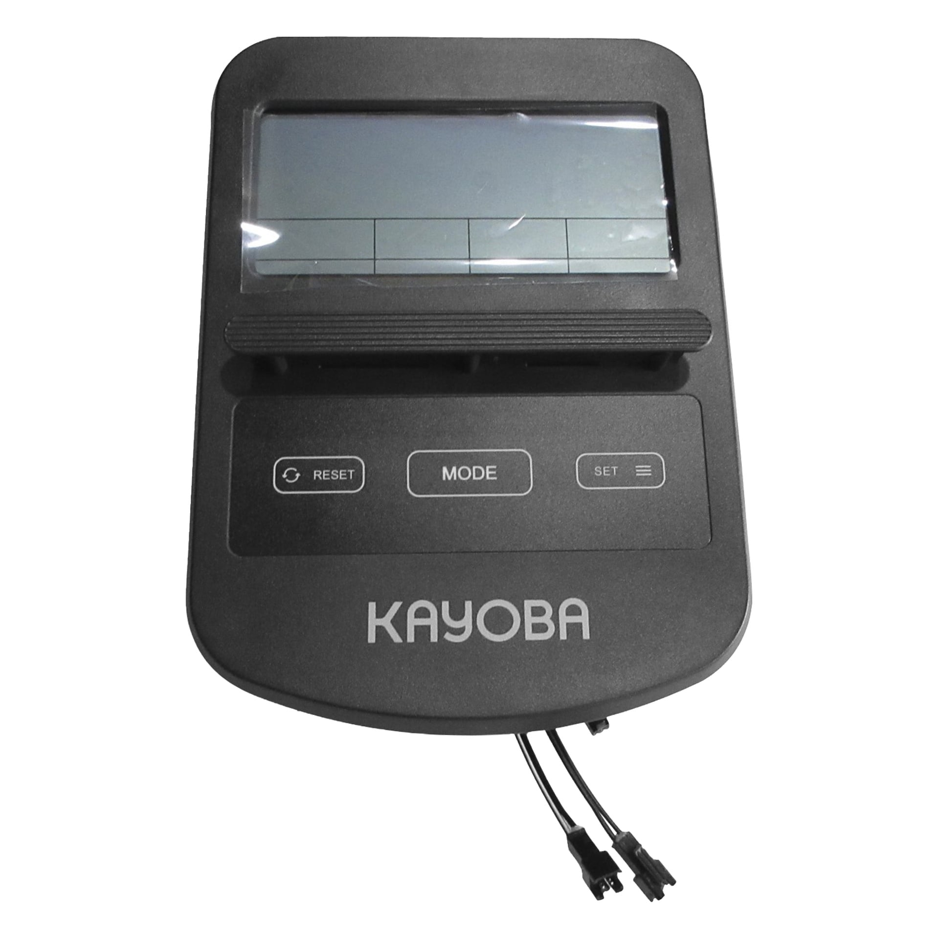 Musta KAYOBA-crosstrainer-tietokone, jossa on suuri näyttö, RESET-, MODE-, SET-painikkeet ja kaksi kaapelia roikkumassa alla.