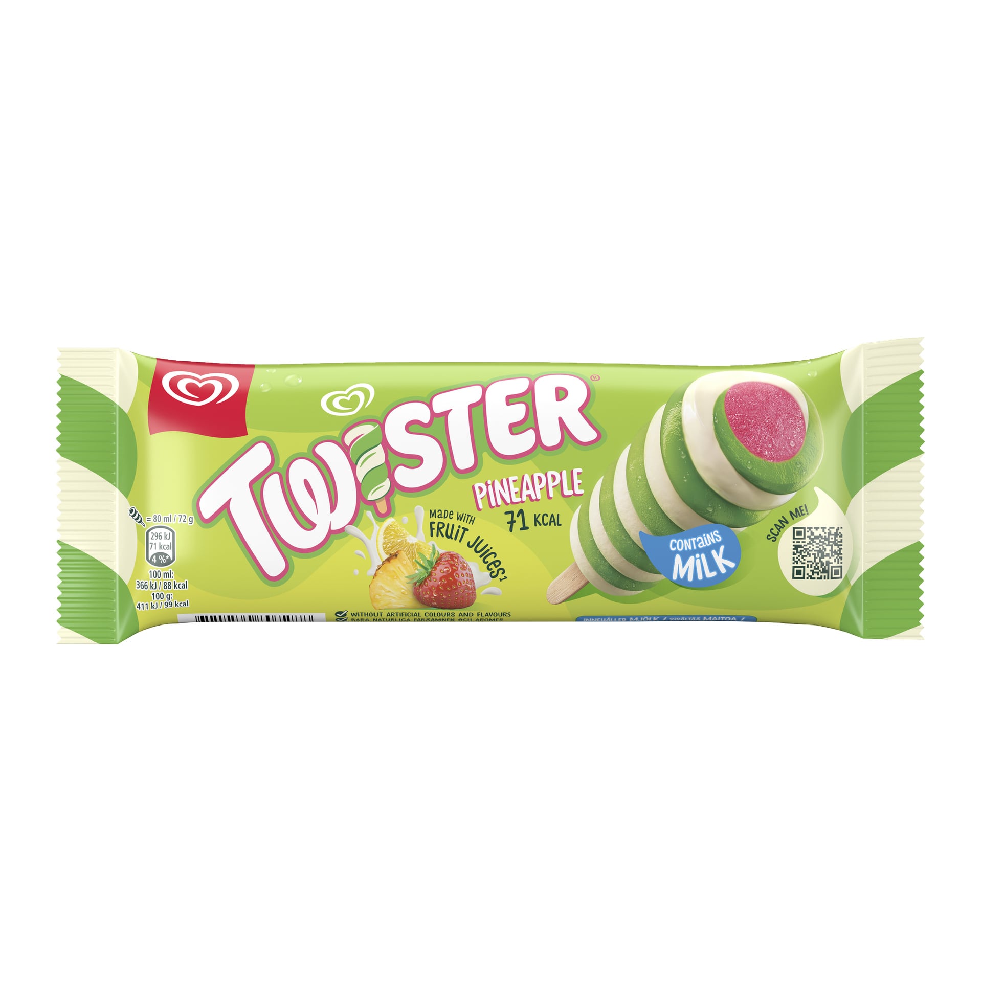 Pakattua Twister Pineapple -jäätelöä, jossa on vihreitä, valkoisia ja vaaleanpunaisia pyörteitä; Kääreessä näkyy hedelmämehua, 71 kcal, maitotiedot, sydänlogo.