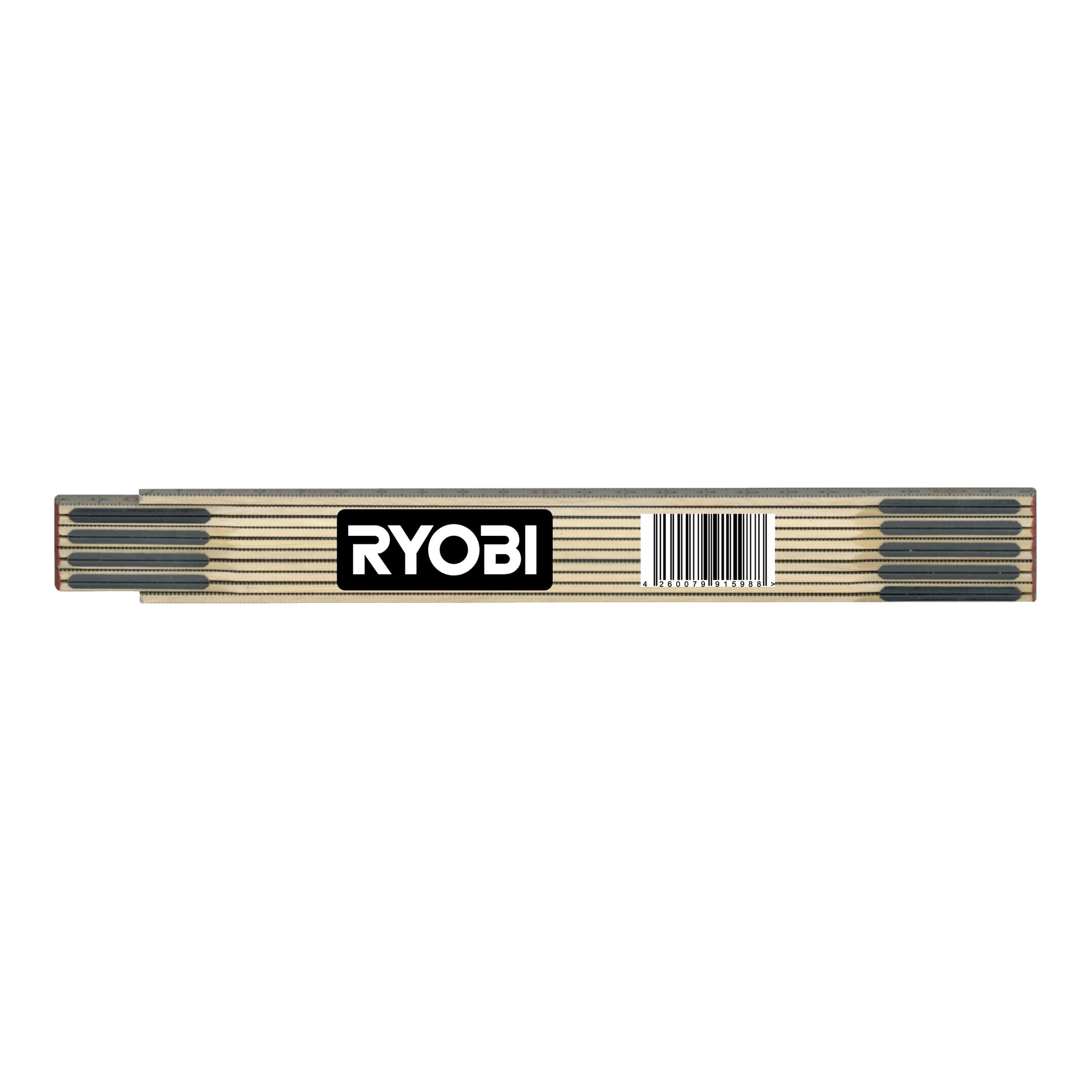 En fälllinjal med en Ryobi-logotyp och streckkodsetikett. De ljusa träsegmenten har mörka ändar, med mått längs toppen.