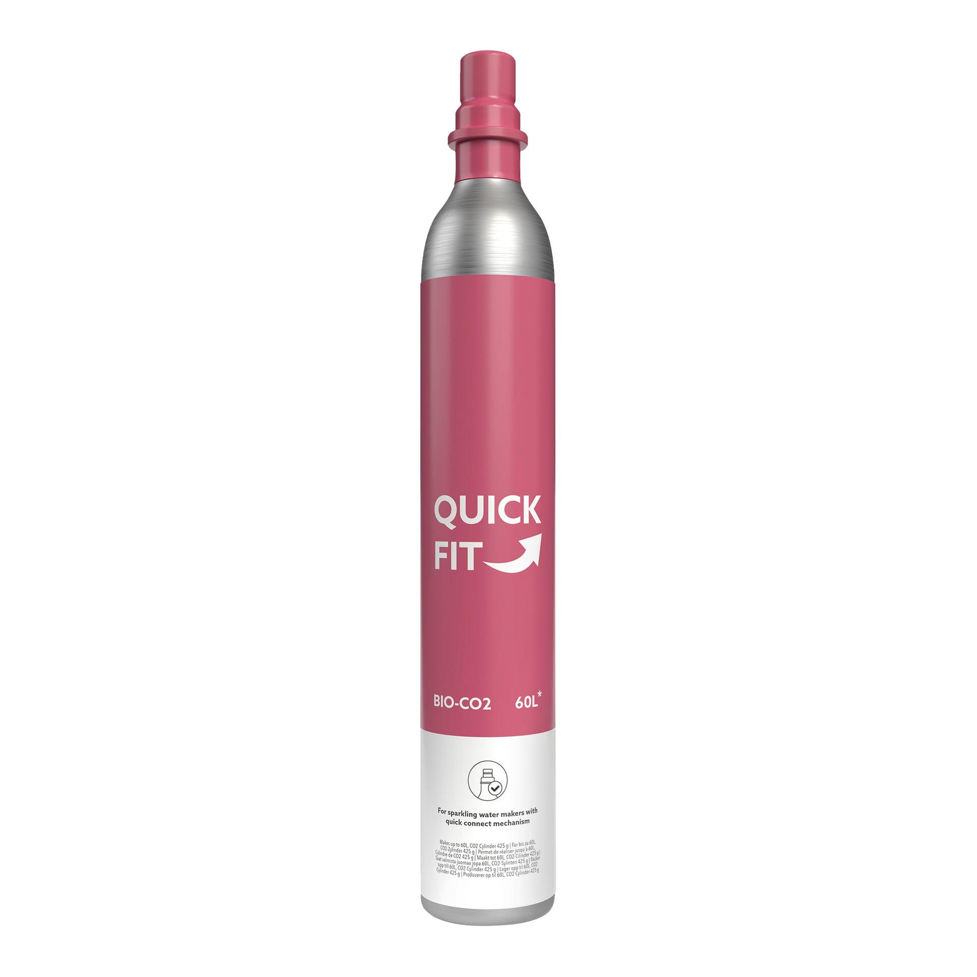 En metallbehållare med en rosa etikett som visar QUICK FIT, BIO-CO2, 60L, plus en pil- och koppgrafik; För bubbelvattenproducenter.