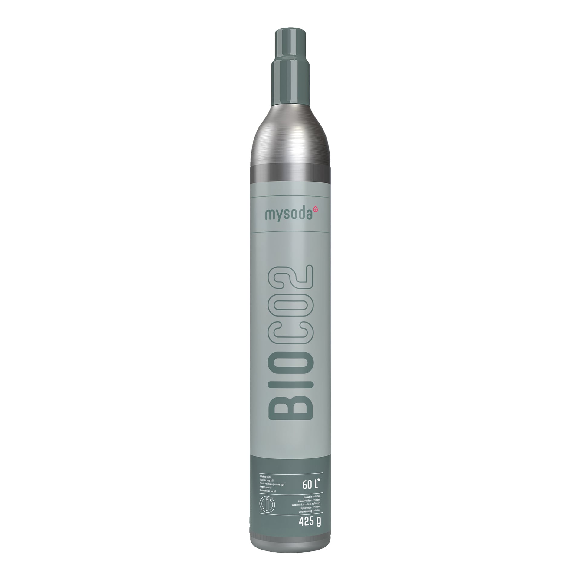 Grå Mysoda BIOCO2-cylinder med silverlock, märkt för upp till 60L kolsyra och 425g, med vit och mörkgrå text och ikoner.