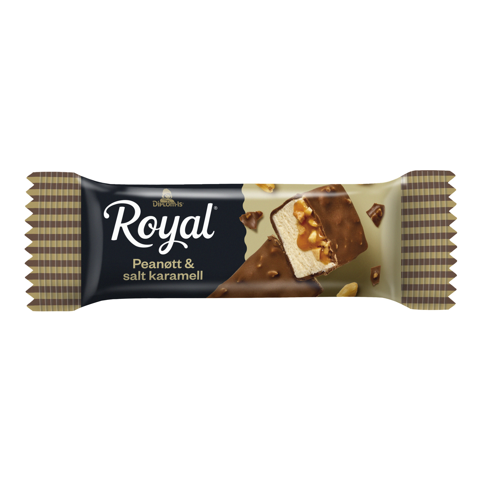 En innpakket Royal iskrembar merket Peanøtt & salt karamell, med vaniljeis, salt karamell, peanøtter og sjokolade.