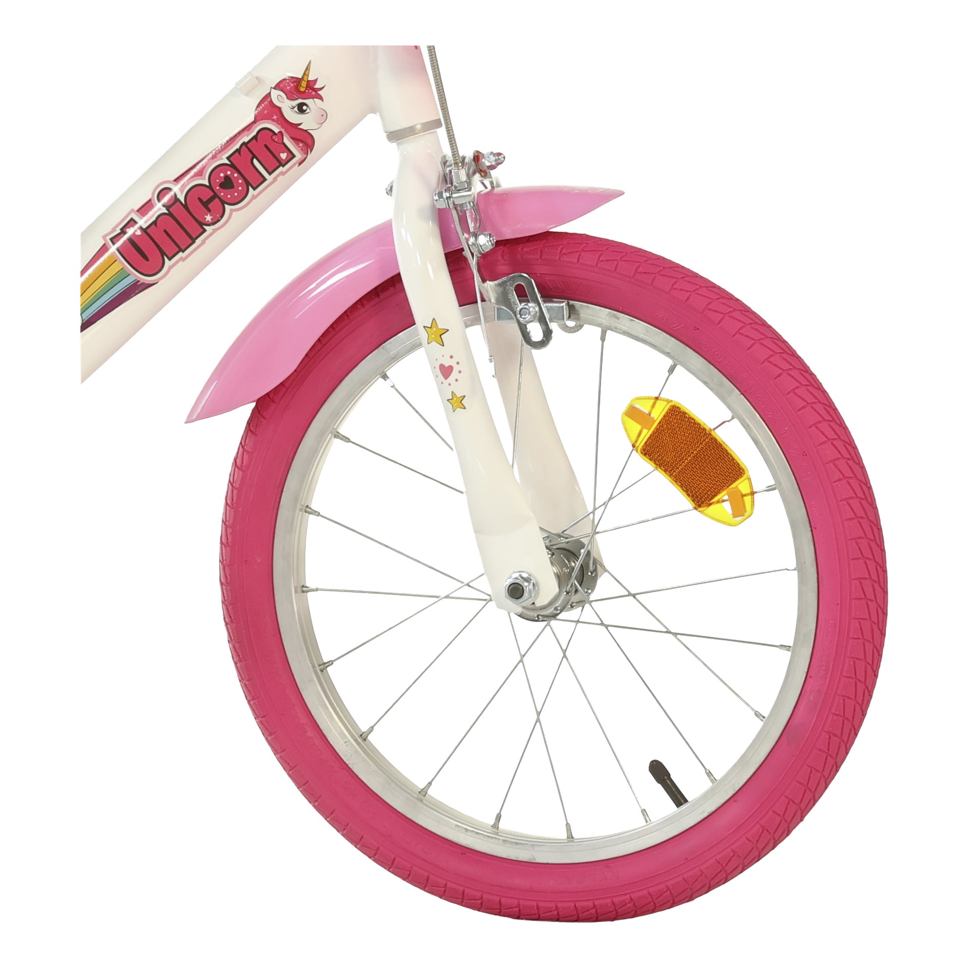 Nærbilde av et rosa sykkelhjul med rosa dekk, hvit gaffel og hvit skjerm med stjerner, hjerter og "Unicorn" på rammen.