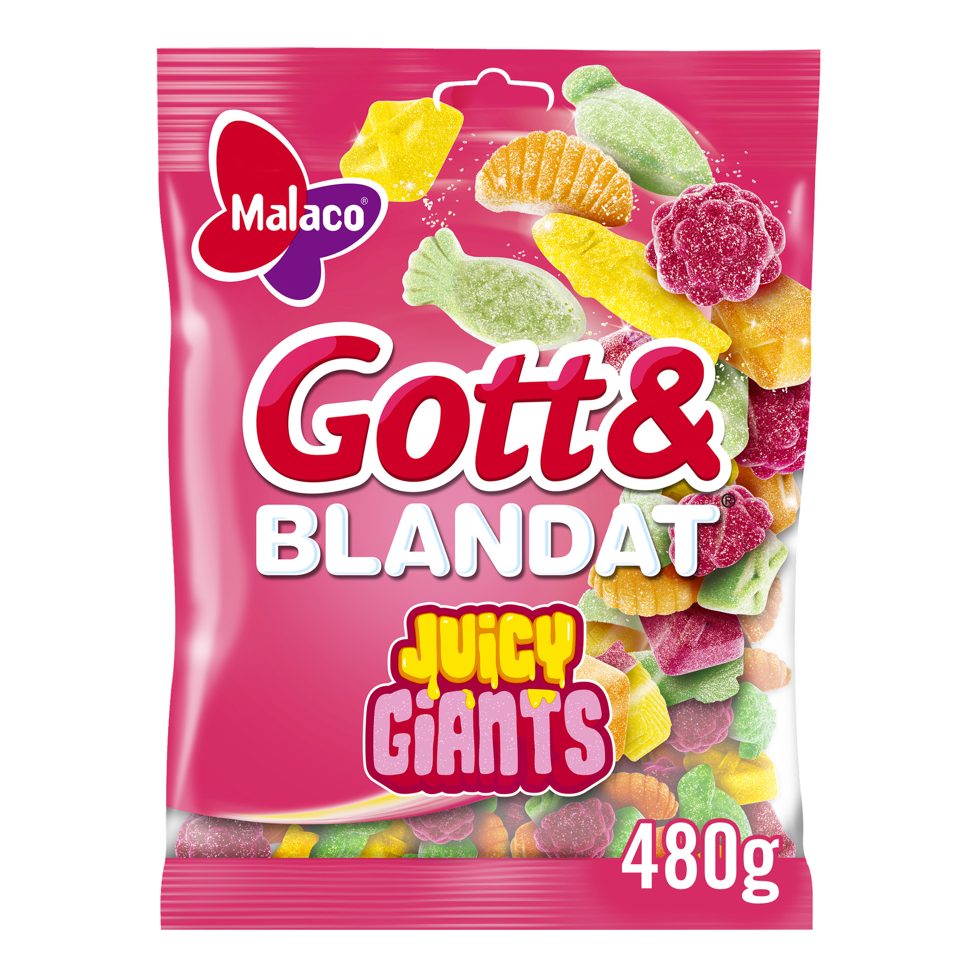 En rosa och vit påse Malaco Gott & Blandat Juicy Giants gummies med färgglada fruktformer på bilden och en 480g etikett.