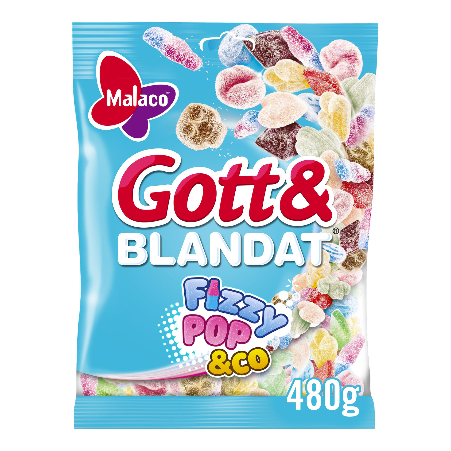 En 480 g påse Malaco Gott & Blandat Fizzy Pop & Co-godis i blå förpackning med färgglada gummies och Malaco-loggan uppe till vänster.