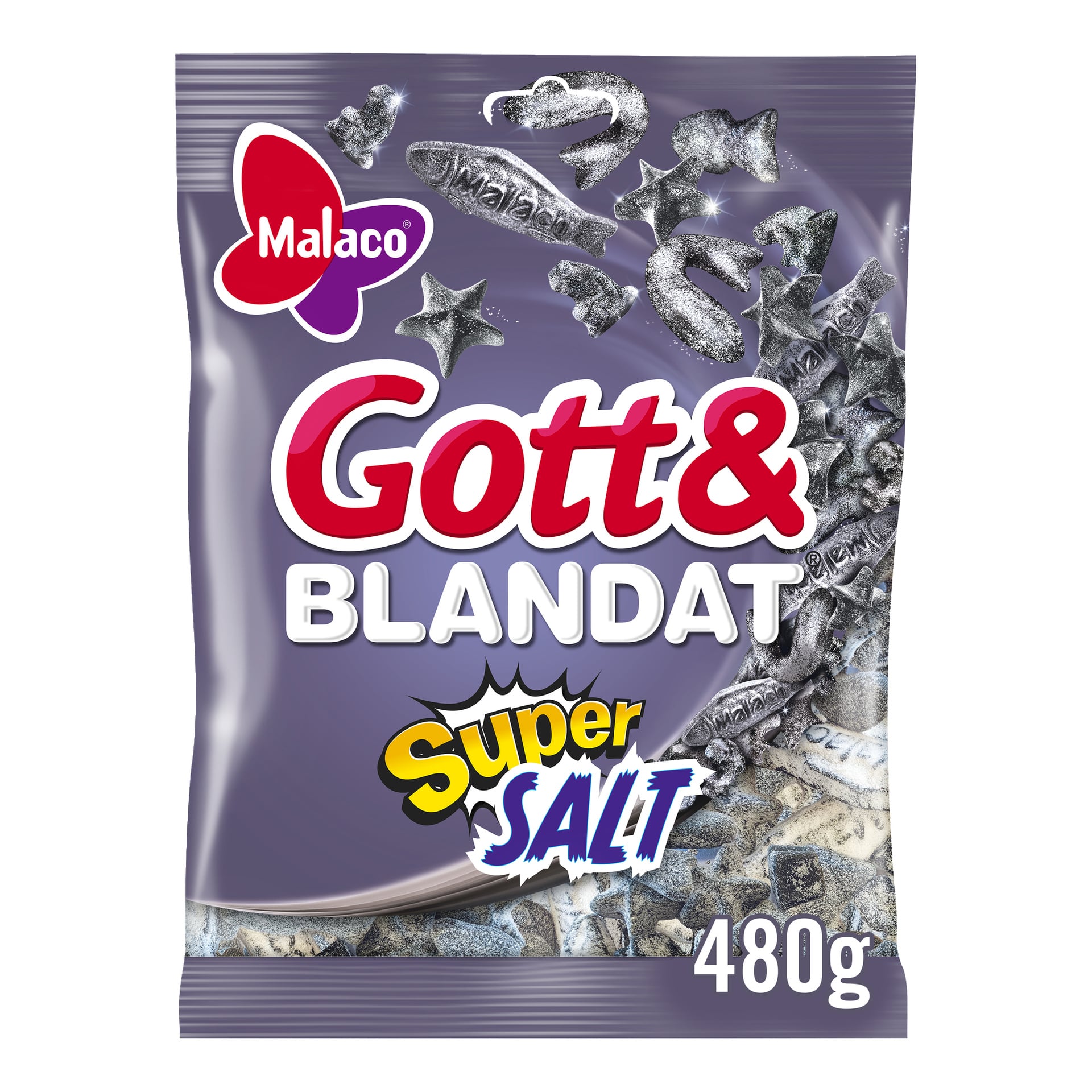 Malaco Gott & Blandat Super Salt-godispåse med svarta och vita saltlakritsbitar, lila-röd-gul design, 480g.