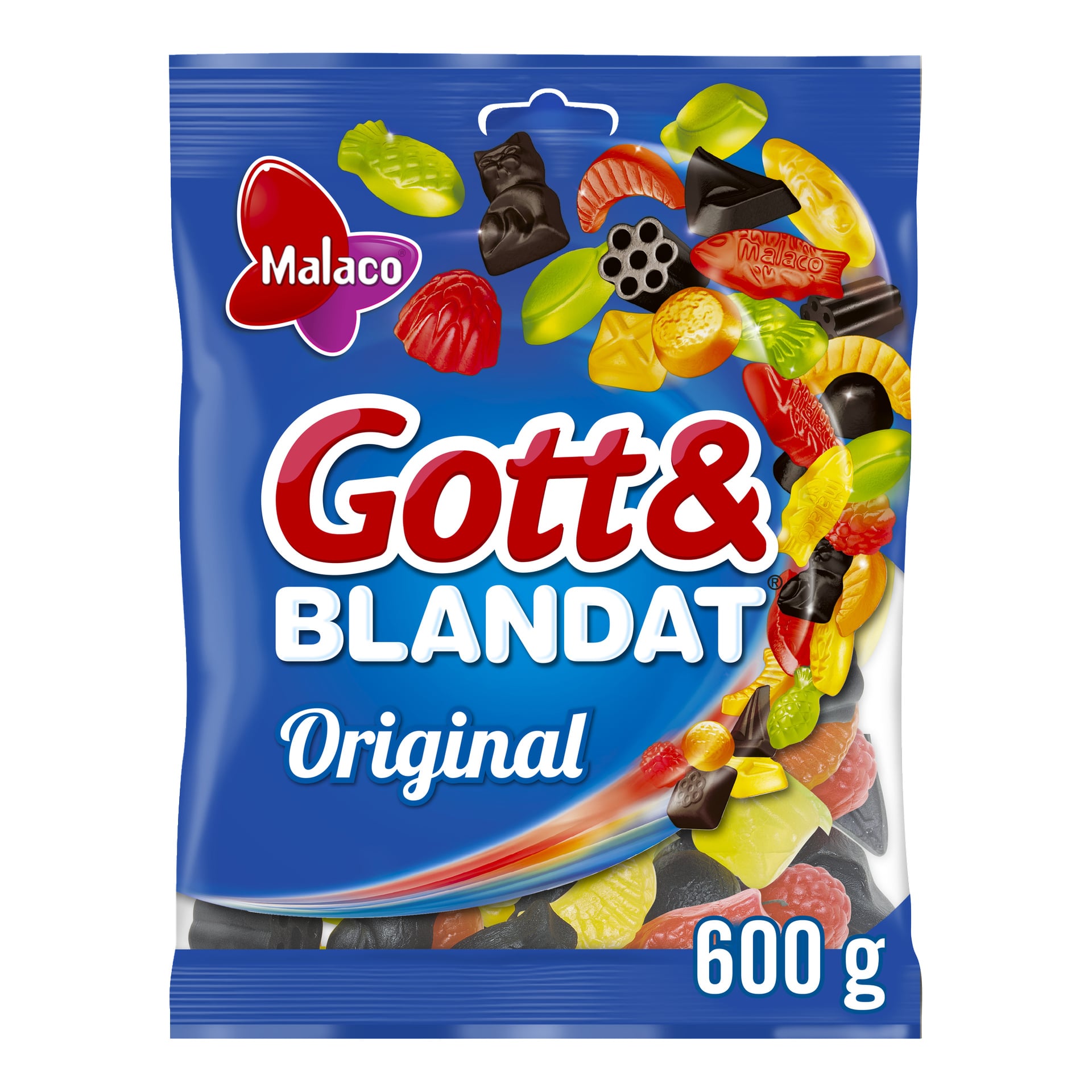Blå påse Malaco Gott & Blandat Original-godis med färgglada gummies och lakrits på förpackningen, 600g visas nere till höger.