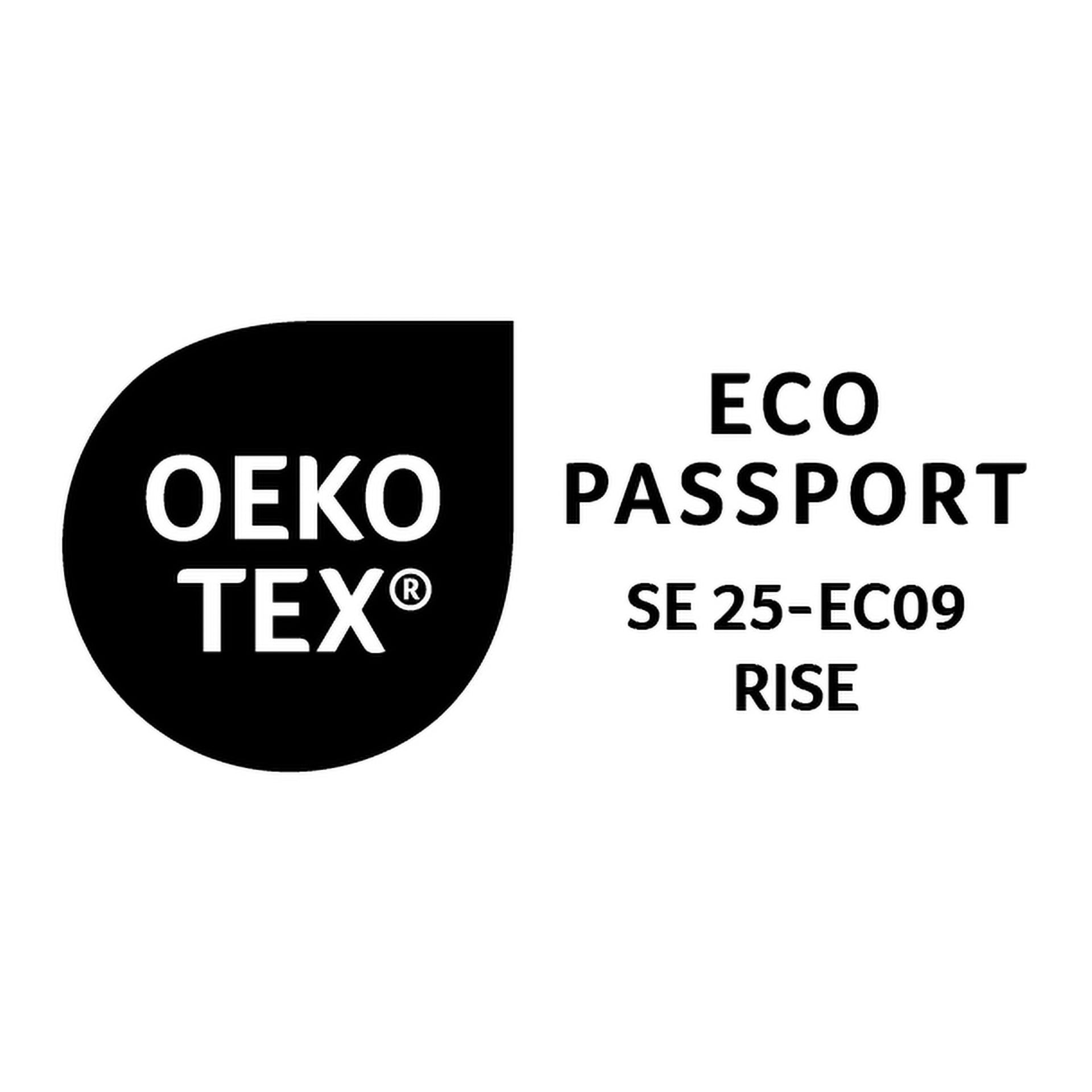 Svart och vit OEKO-TEX ECO PASSPORT-logotyp med "OEKO TEX" i en droppe och "ECO PASSPORT SE 25-EC09 RISE" bredvid på spray.