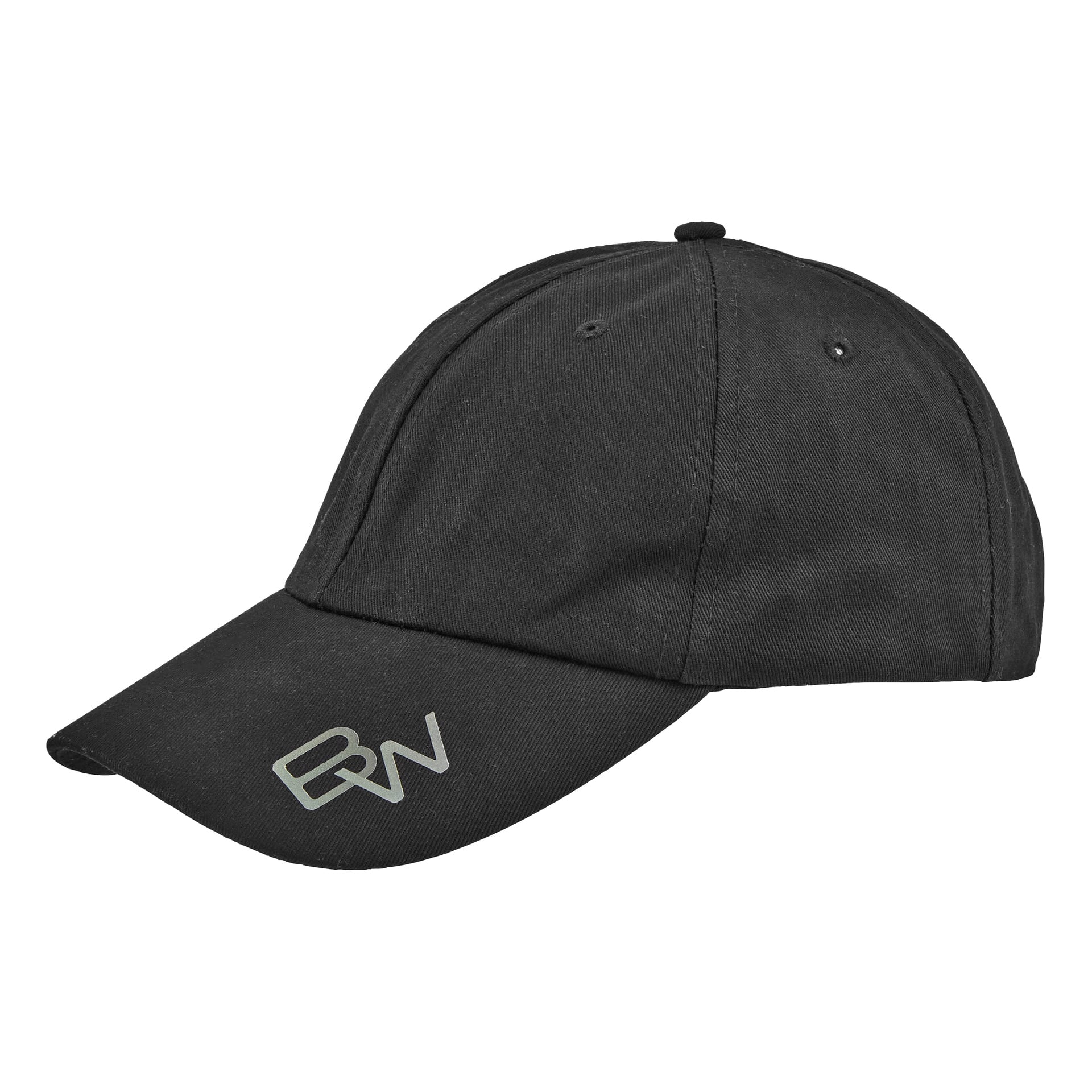 Svart basebollkeps med böjd brätte, två sidoventilationshål och en monogram EW-logga på vänster sida av brättet.