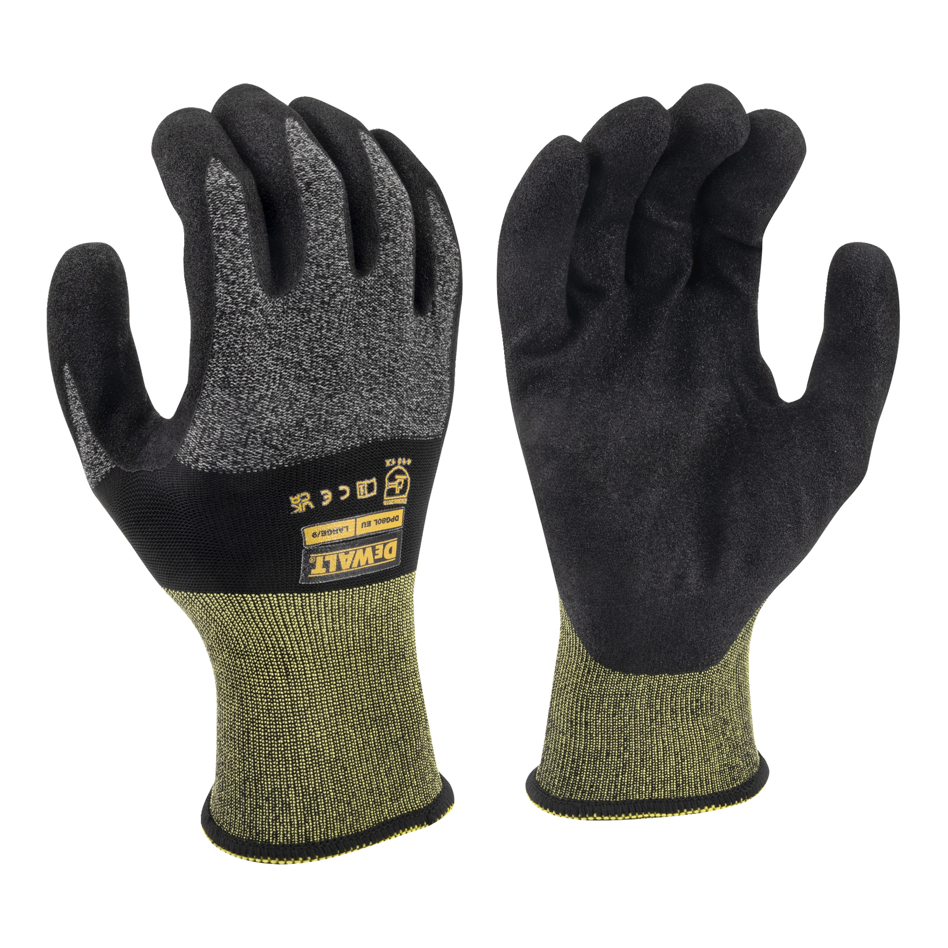 Svarta och grå arbetshandskar med texturerade handflator, gul-svart branding och resåriga manschetter; En handske med handflatan uppåt, en handflatan nedåt.