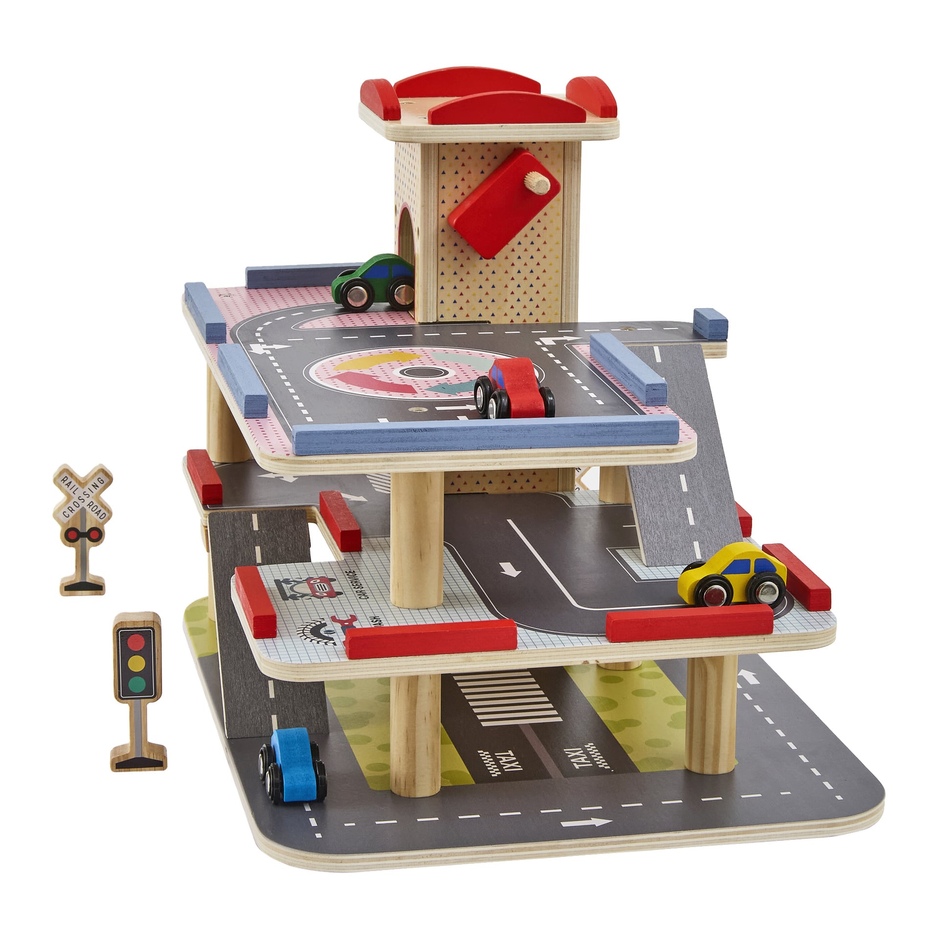Holz-Spielzeugparkhaus mit drei Ebenen, Rampen, Autos, einem kleinen Aufzug, Verkehrsschildern und bemalten Straßendetails.
