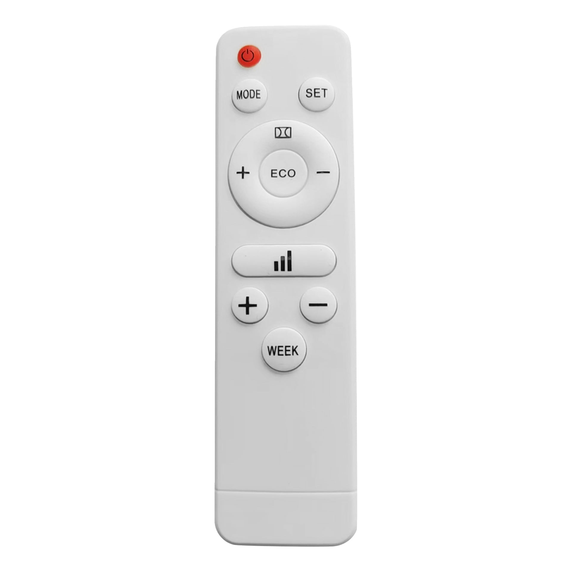 Eine weiße Fernbedienung mit rotem Power-Knopf, Modus-/Einstellungsoptionen, ECO-Taste in der Mitte, Plus/Minus-Tasten, Signalsymbol und Wochentaste.