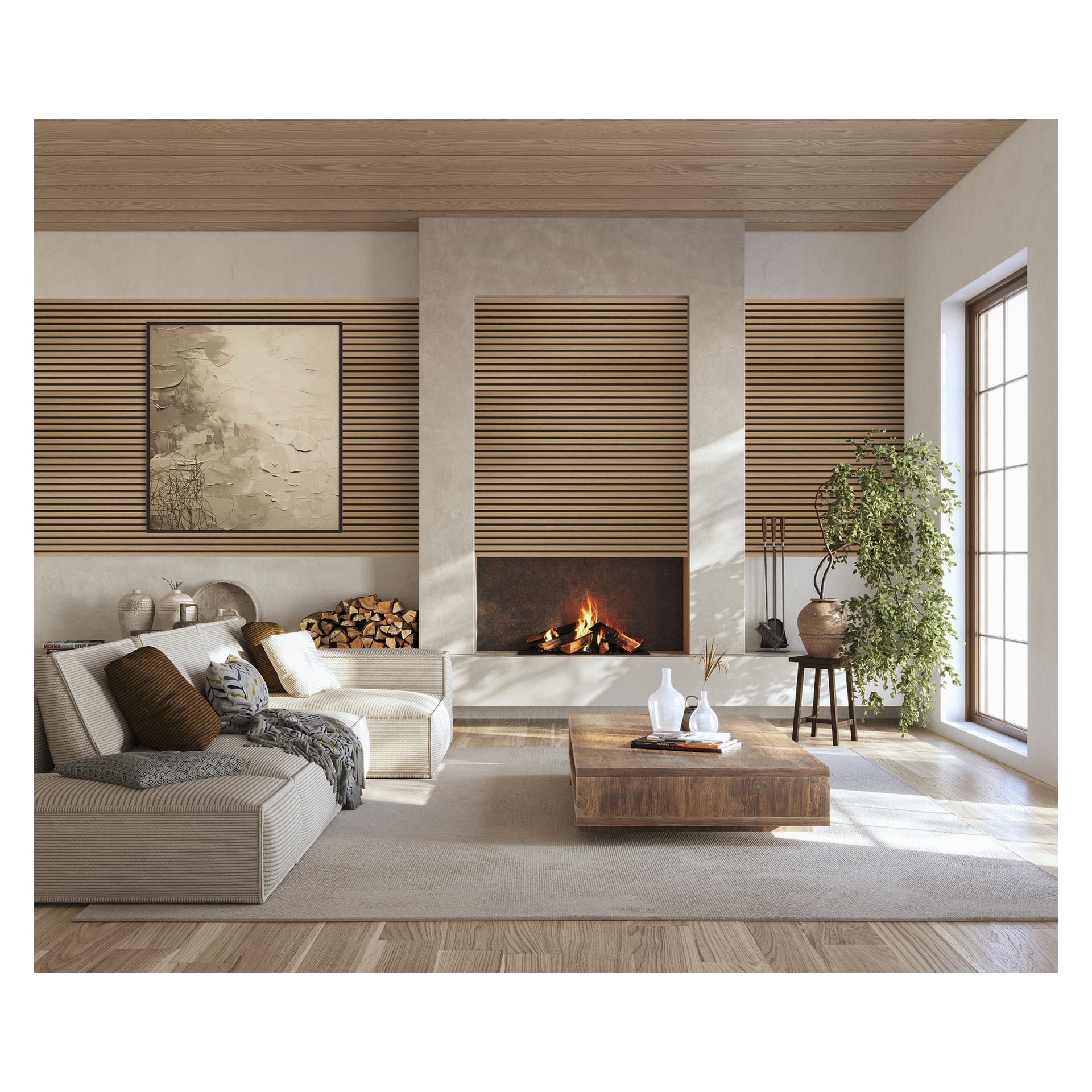 Modern vardagsrum med en beige soffa, soffbord i trä, öppen spis med staplade vedträ, stor växt, konst och stora soliga fönster.