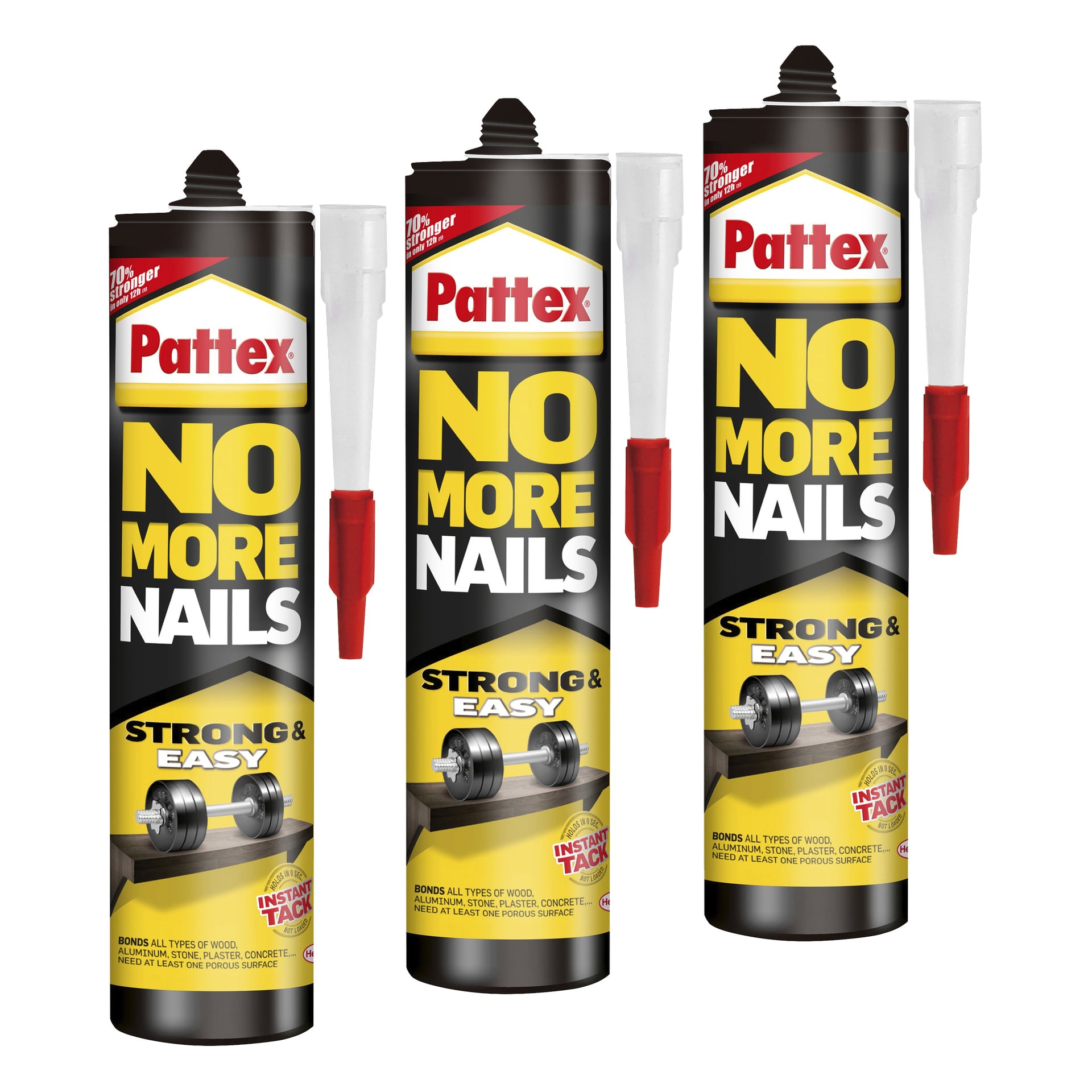 Tre oppreiste Pattex No More Nails-rør, hver med sidedyse, har svart, gul og rød emballasje med en vektstang-grafikk.