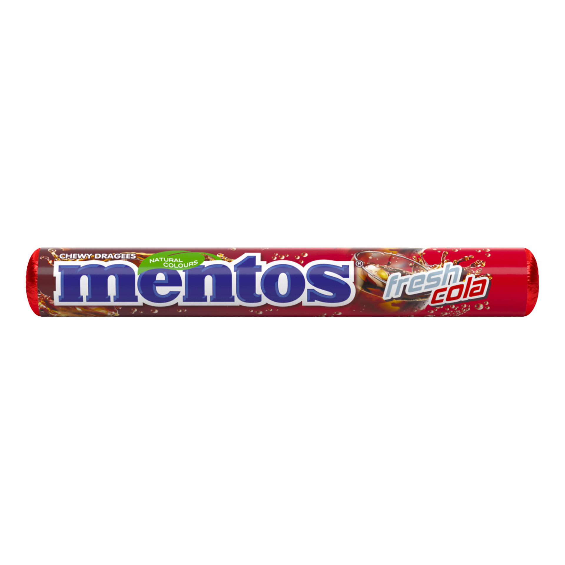En rulle Mentos sega dragees i färsk colasmak, rött omslag med tydlig blå och vit Mentos-text och bilder på cola-splash.