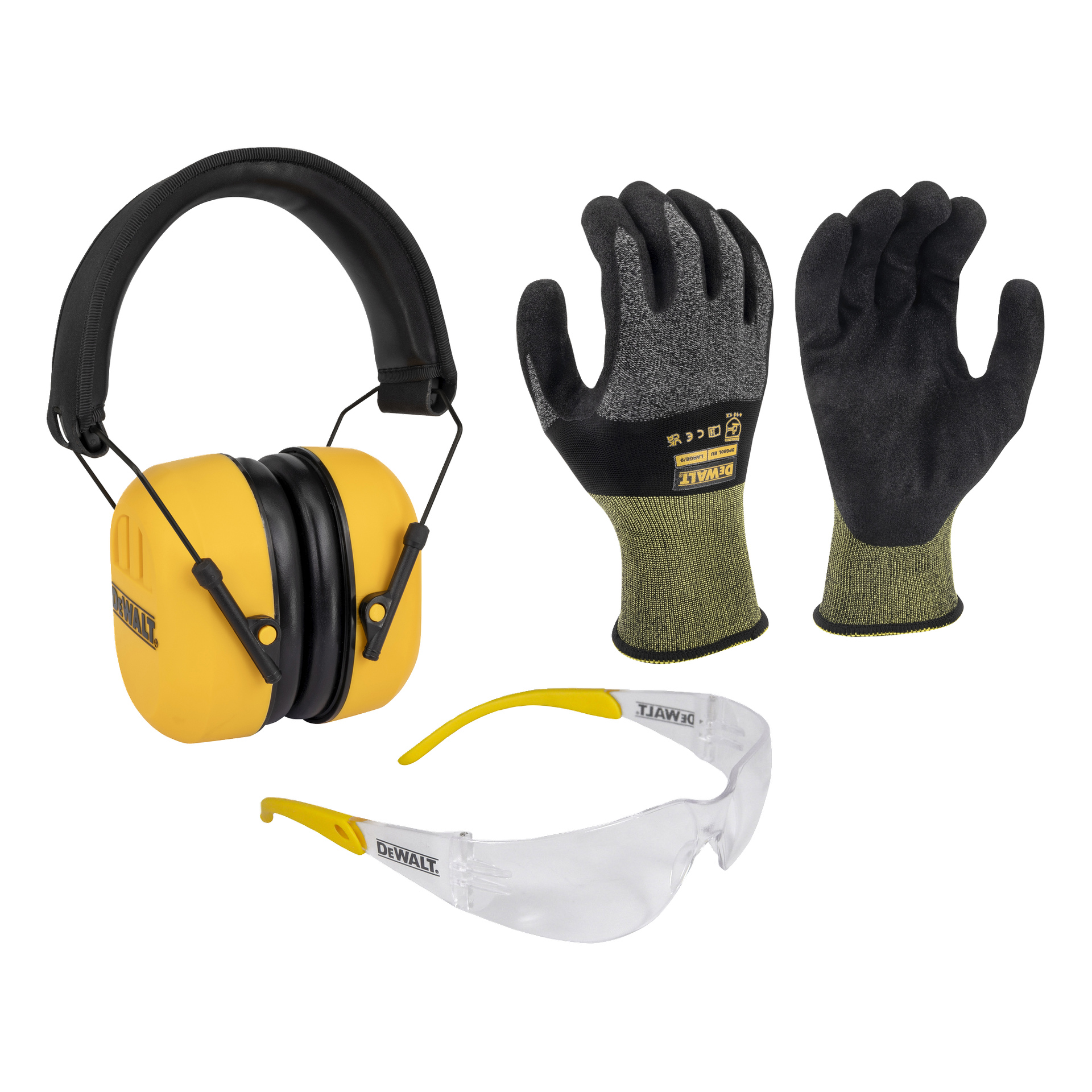 Personlig skyddsutrustning: gula öronmuffar, svarta/grå handskar, genomskinliga skyddsglasögon med gula och vita ärmar, DeWalt-märke.