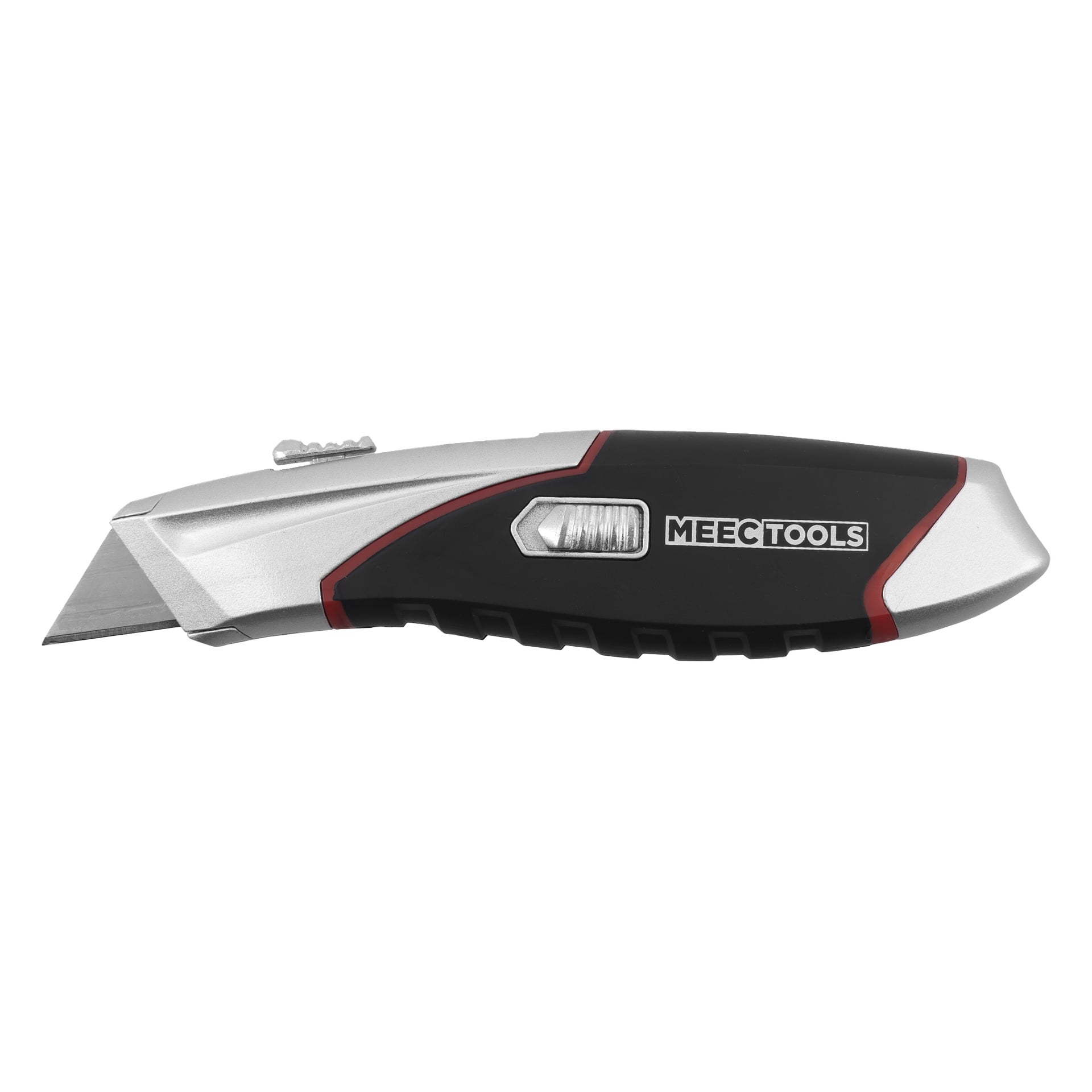 En uttrekkbar hobbykniv med svart og sølvfarget håndtak, delvis utstrakt blad og MEEC TOOLS-merke på siden.