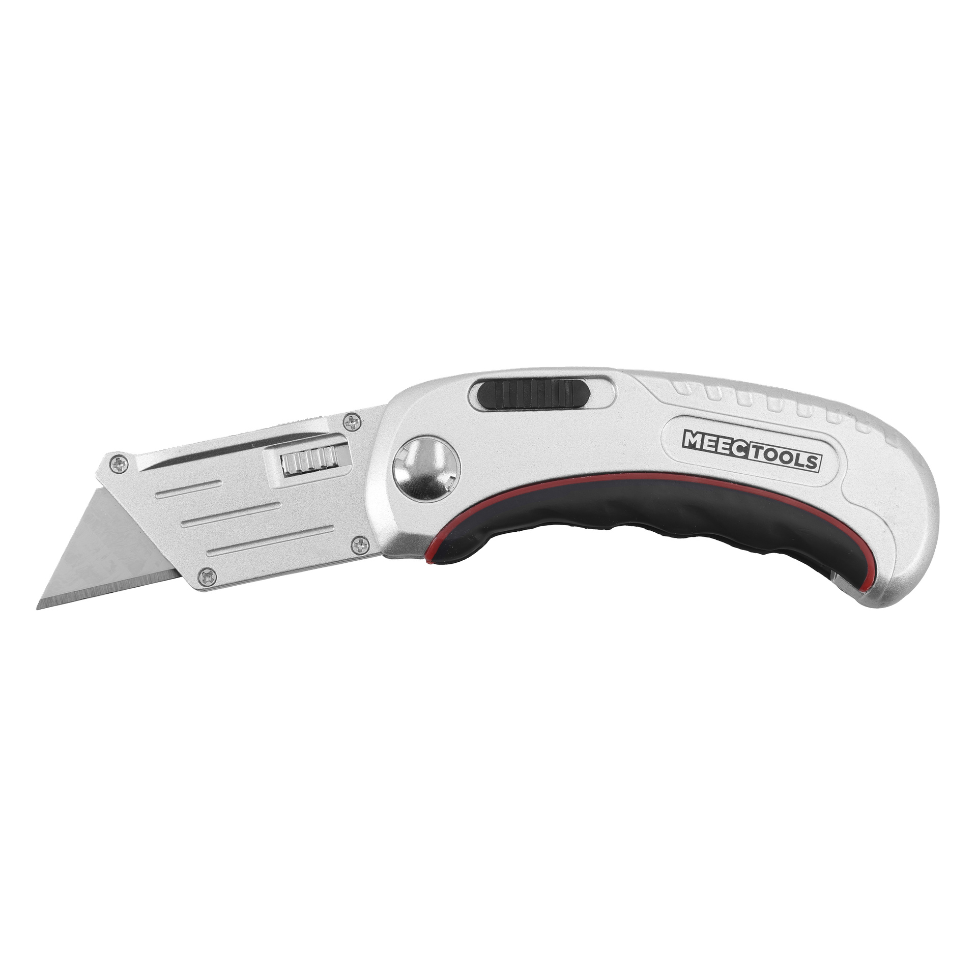Hopeinen hyötyveitsi, jossa on musta ja punainen kuminen kahva, sisäänvedettävä terä ja Mec Tools -brändäys sivussa.