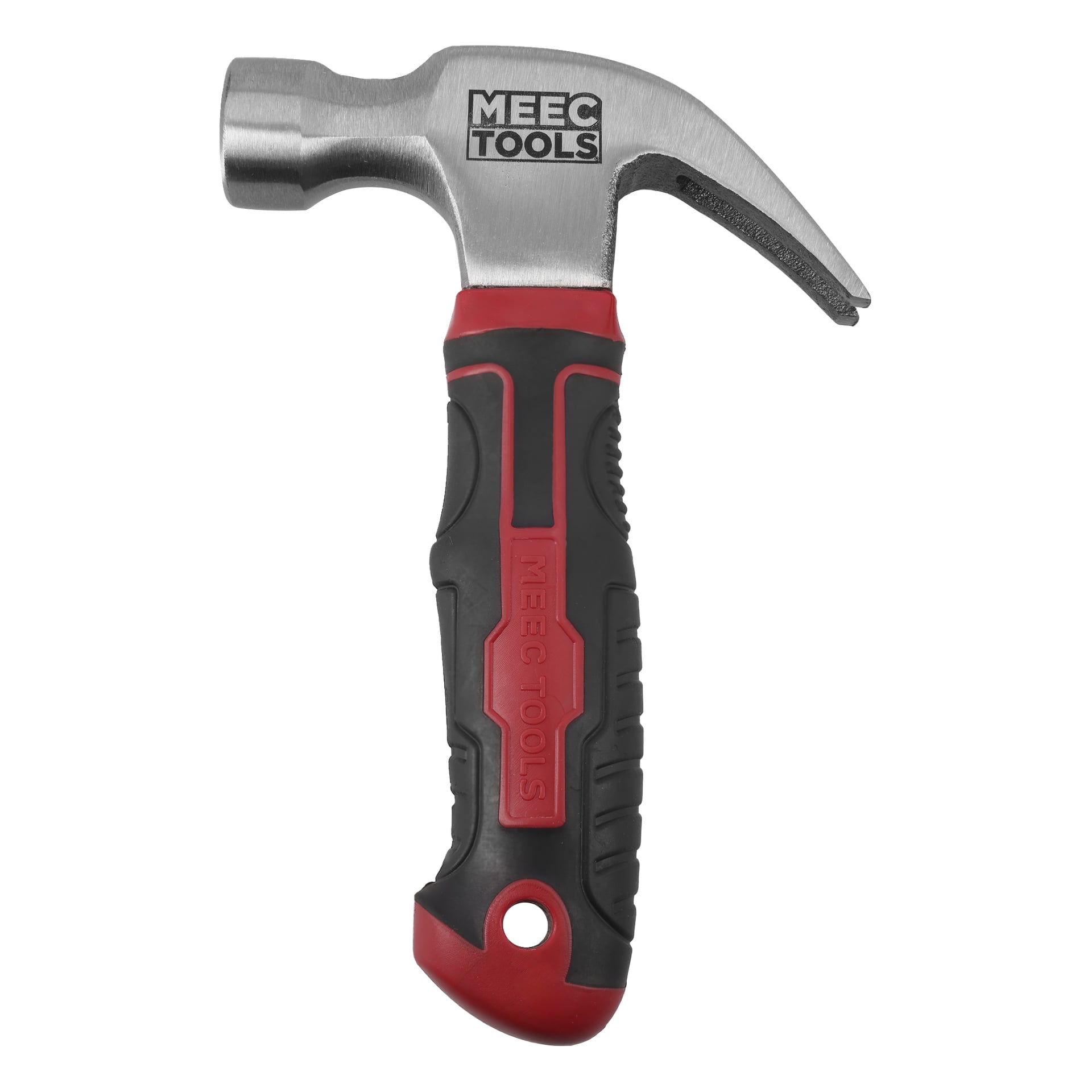 Kynsivasara, jossa on musta ja punainen kuminen kahva, jossa on teksturoitu kahva, MEEC TOOLS -logo päässä ja reikä kahvan pohjassa.