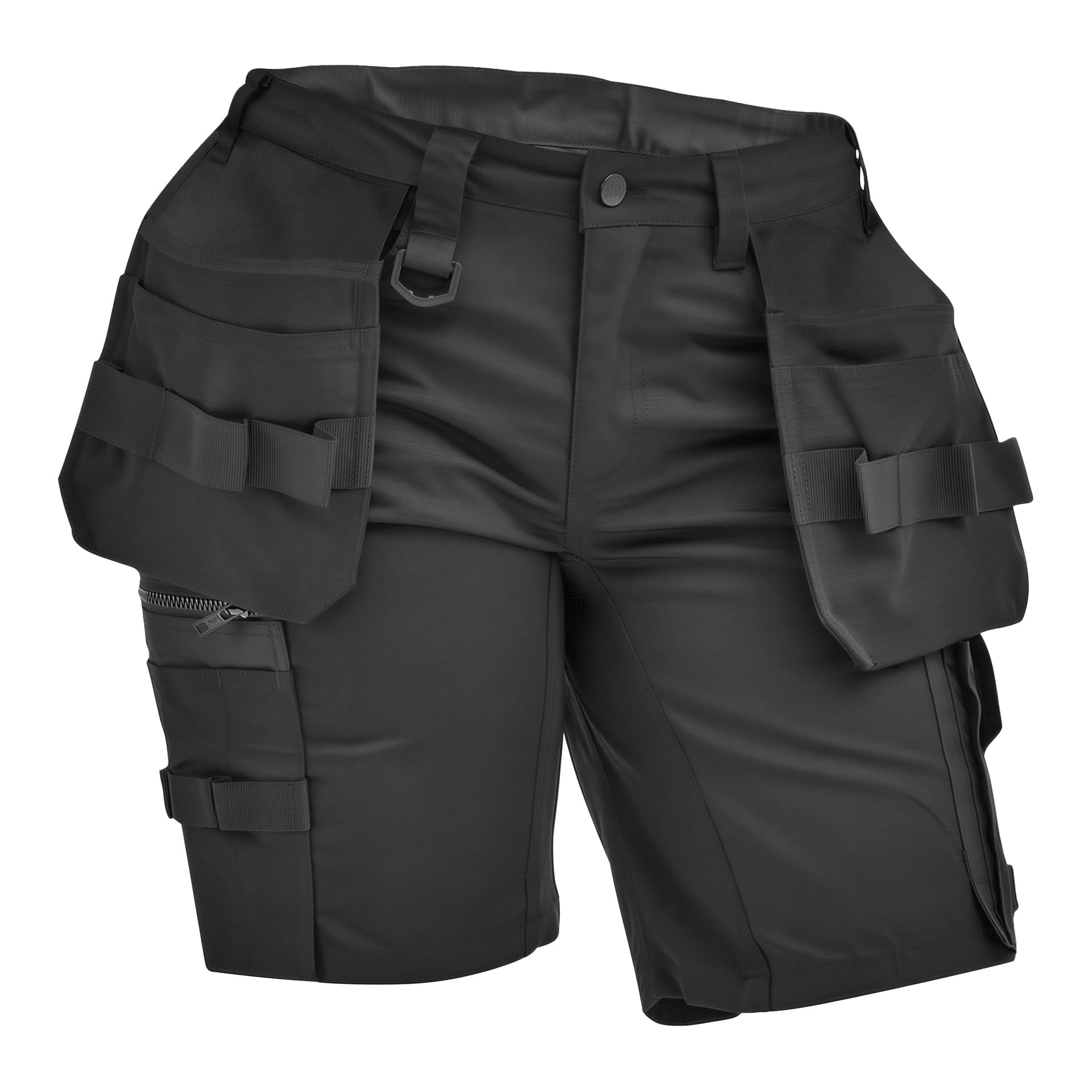 Svarta verktygsshorts med flera fickor, verktygsöglor och en dragkedjasficka på vänster sida.