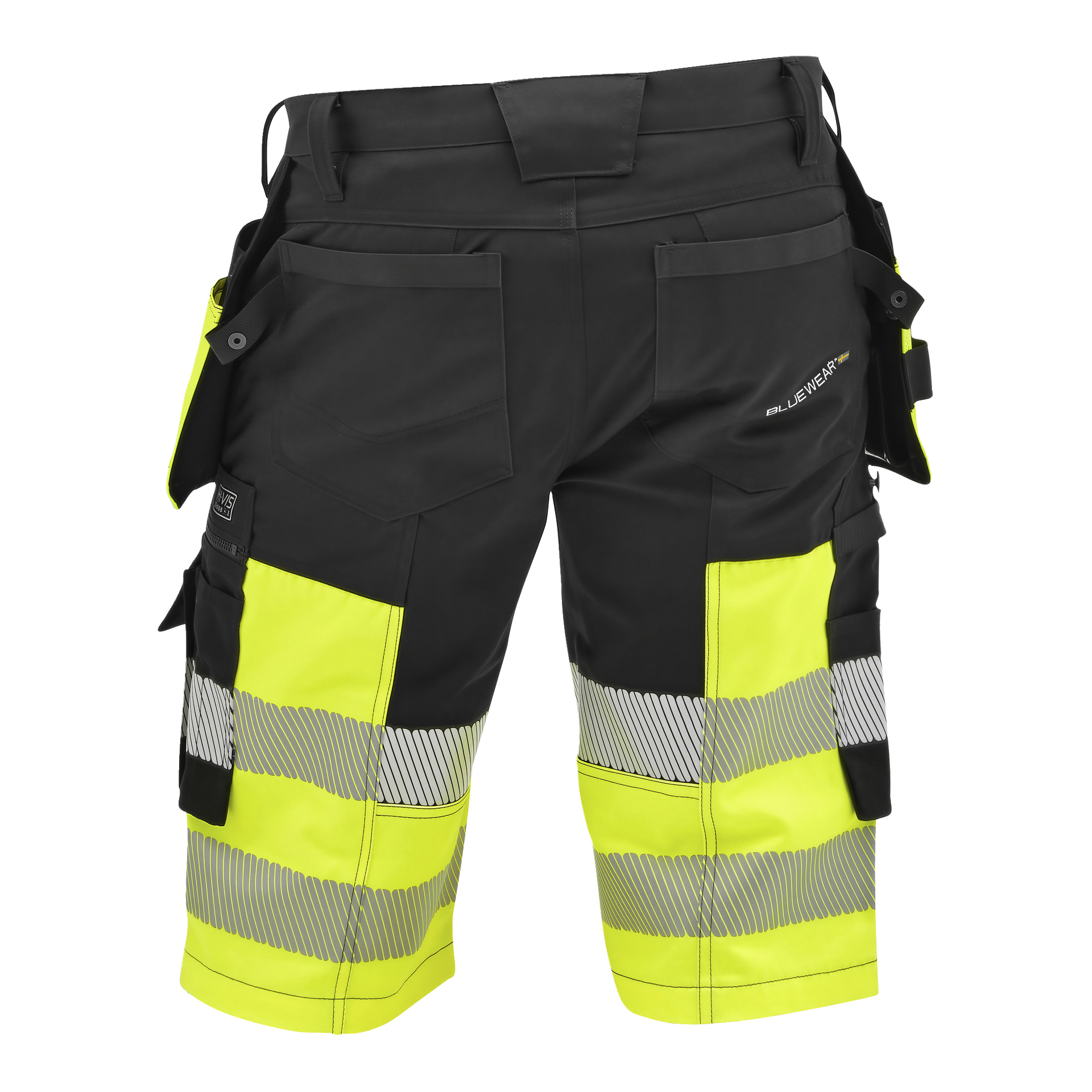 Svarta och fluorescerande gula hög-vis-arbetsshorts med reflekterande ränder, verktygsöglor och flera fickor, sedda bakifrån.