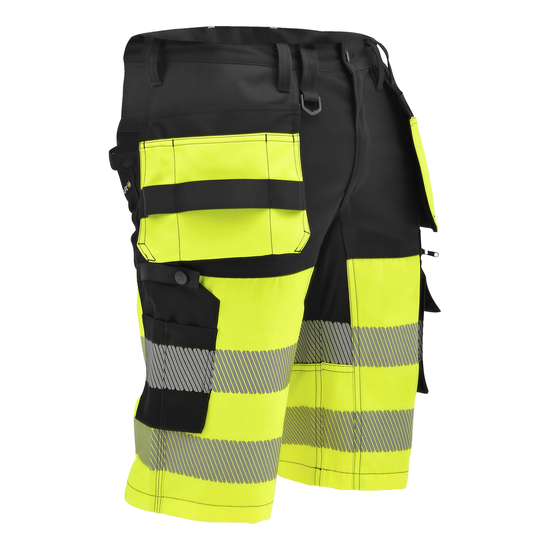 Synliga gula och svarta arbetsshorts med reflekterande ränder, flera fickor och svarta bältesöglor för säkerhet och funktionalitet.