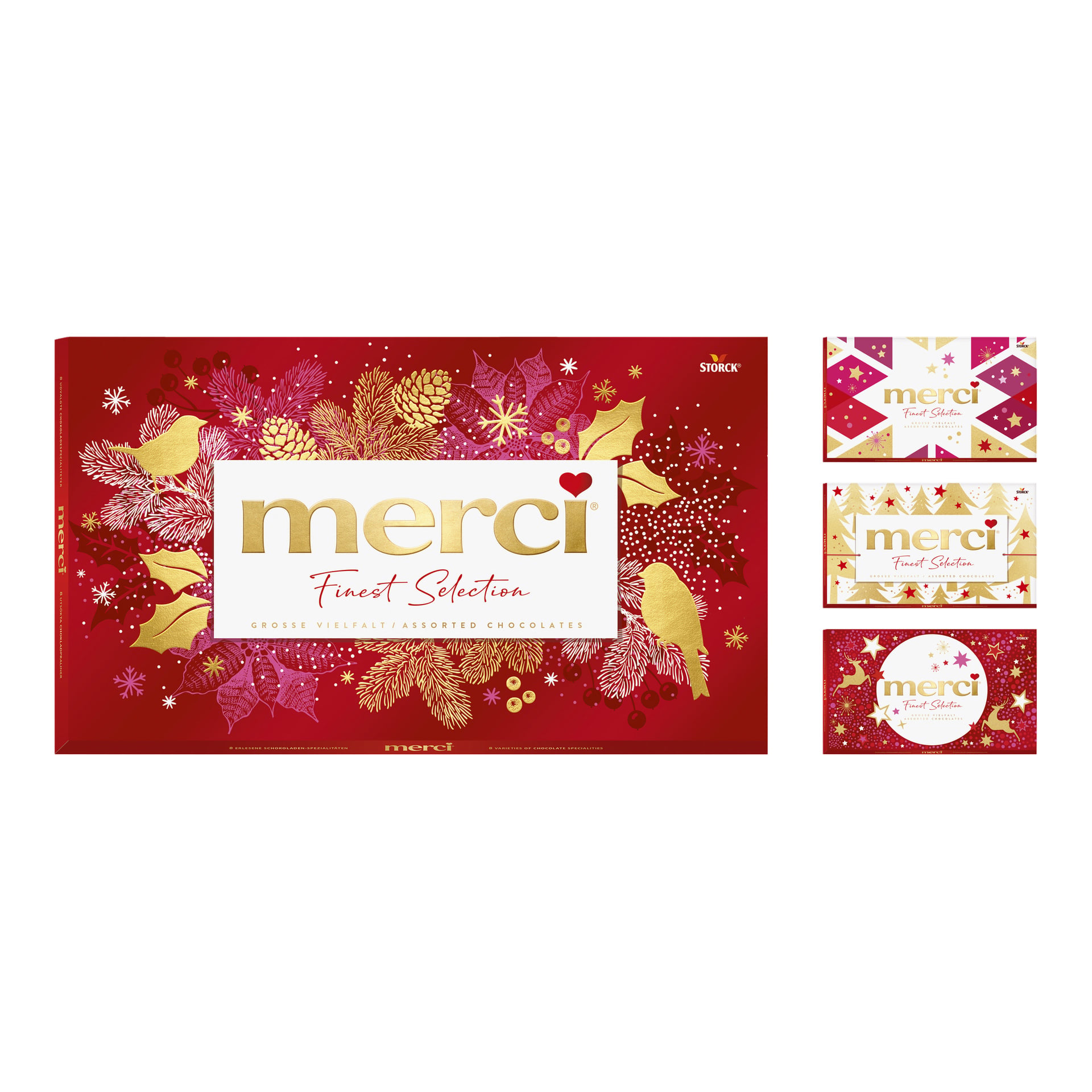 Merci Finest Selection -suklaat juhlavassa punakultaisessa laatikossa, jossa on juhlalehtiä; kolme samanlaista pienempää laatikkoa oikealla.