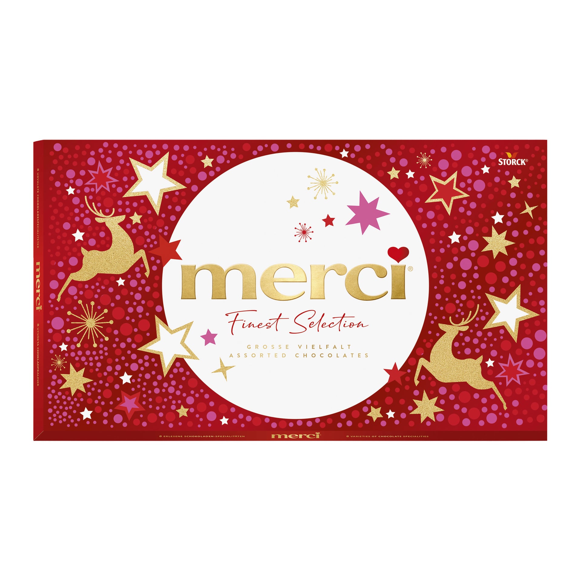 Punainen Merci Finest Selection -suklaarasia, jossa on kultaisia poroja, tähtiä, juhlapilkkuja ja elegantteja valko-kultaisia kirjaimia.