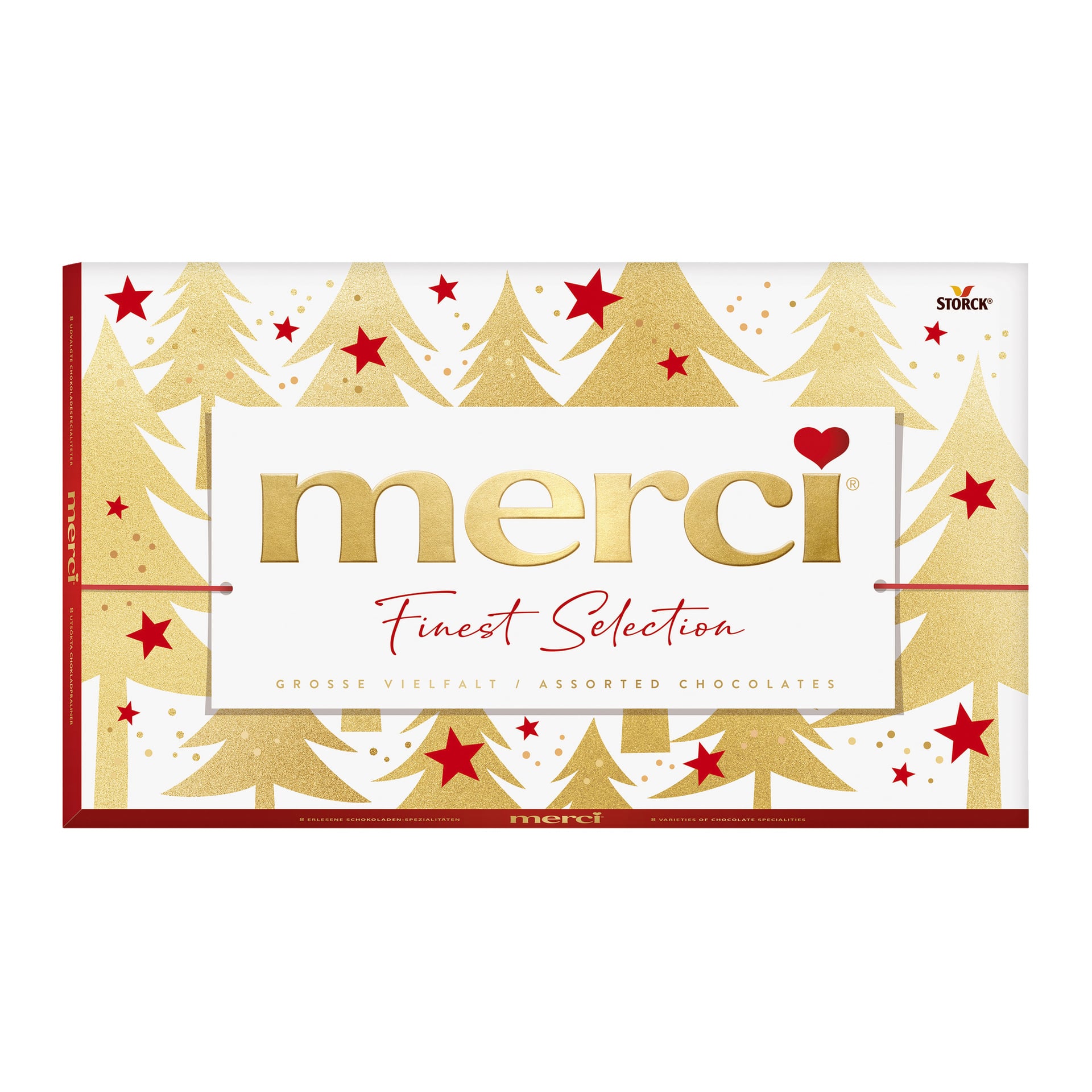 Laatikko Merci Finest Selection -suklaata, jossa on kultainen teksti, joulukuusi ja punainen tähti sekä Storck-logo oikeassa yläkulmassa.