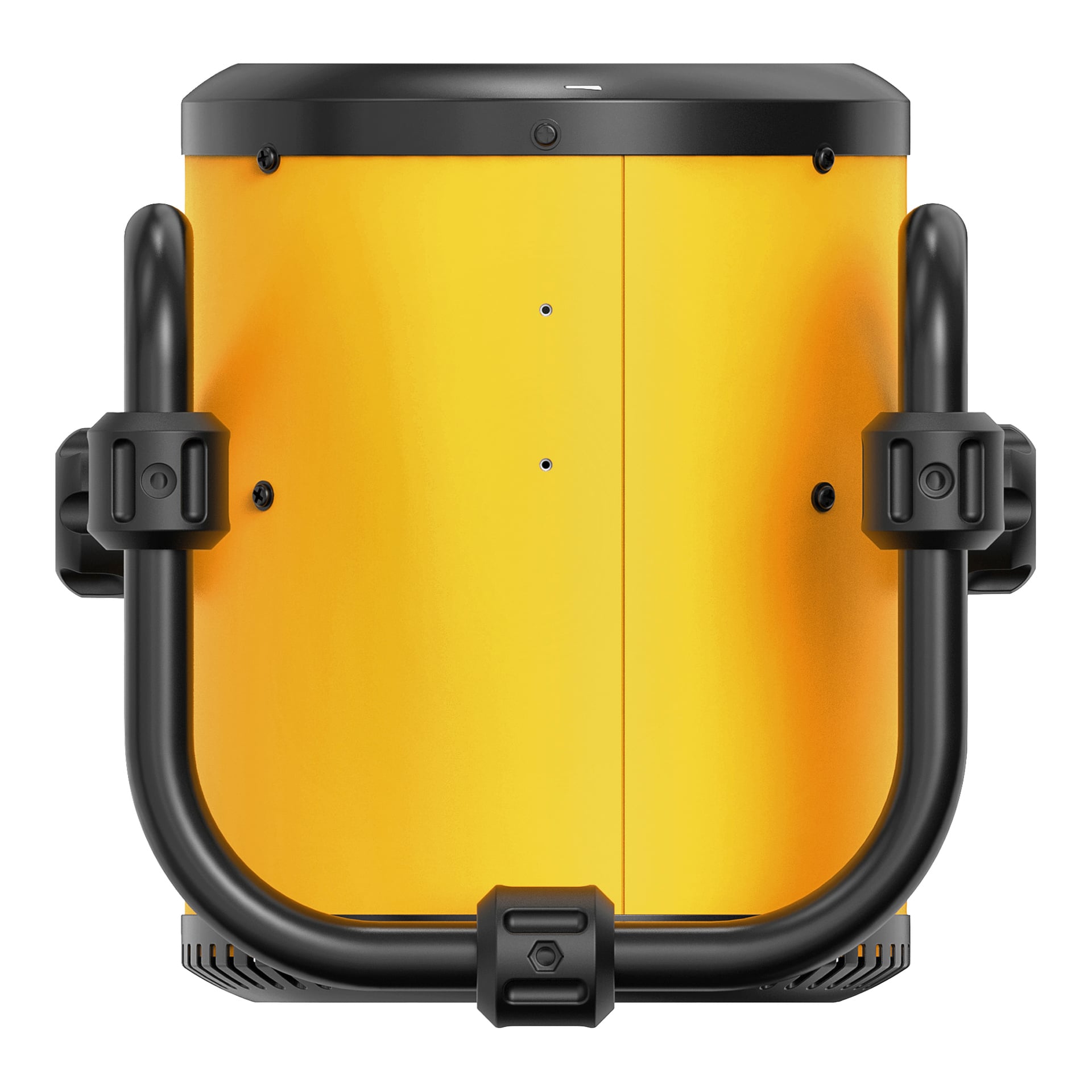 En framsida av den gula och svarta rektangulära DeWalt Heater-fläkten DXJHXA0002E, med två svarta handtag på varje sida. Värmaren har ett stabilt, minimalistiskt utseende med synliga skruvar och en slät yta.
