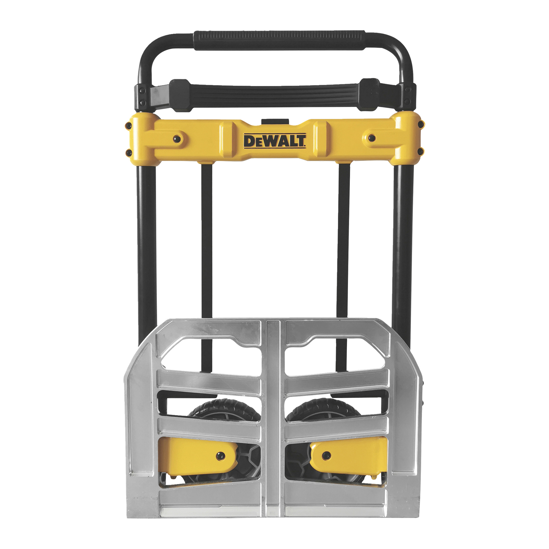 Svart og gul DEWALT-håndvogn med metallbase, to store hjul og et øvre håndtak, vist foldet oppreist.