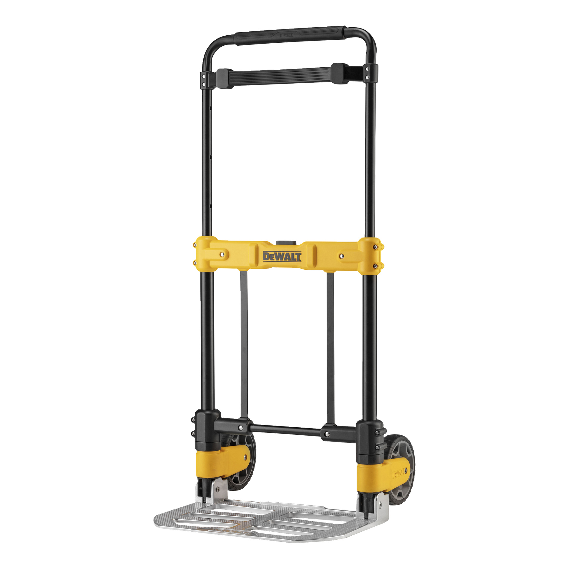 Wózek ręczny DeWalt z czarną ramą, żółtymi akcentami, wysuwaną rączką, dużymi kołami i składaną metalową platformą.