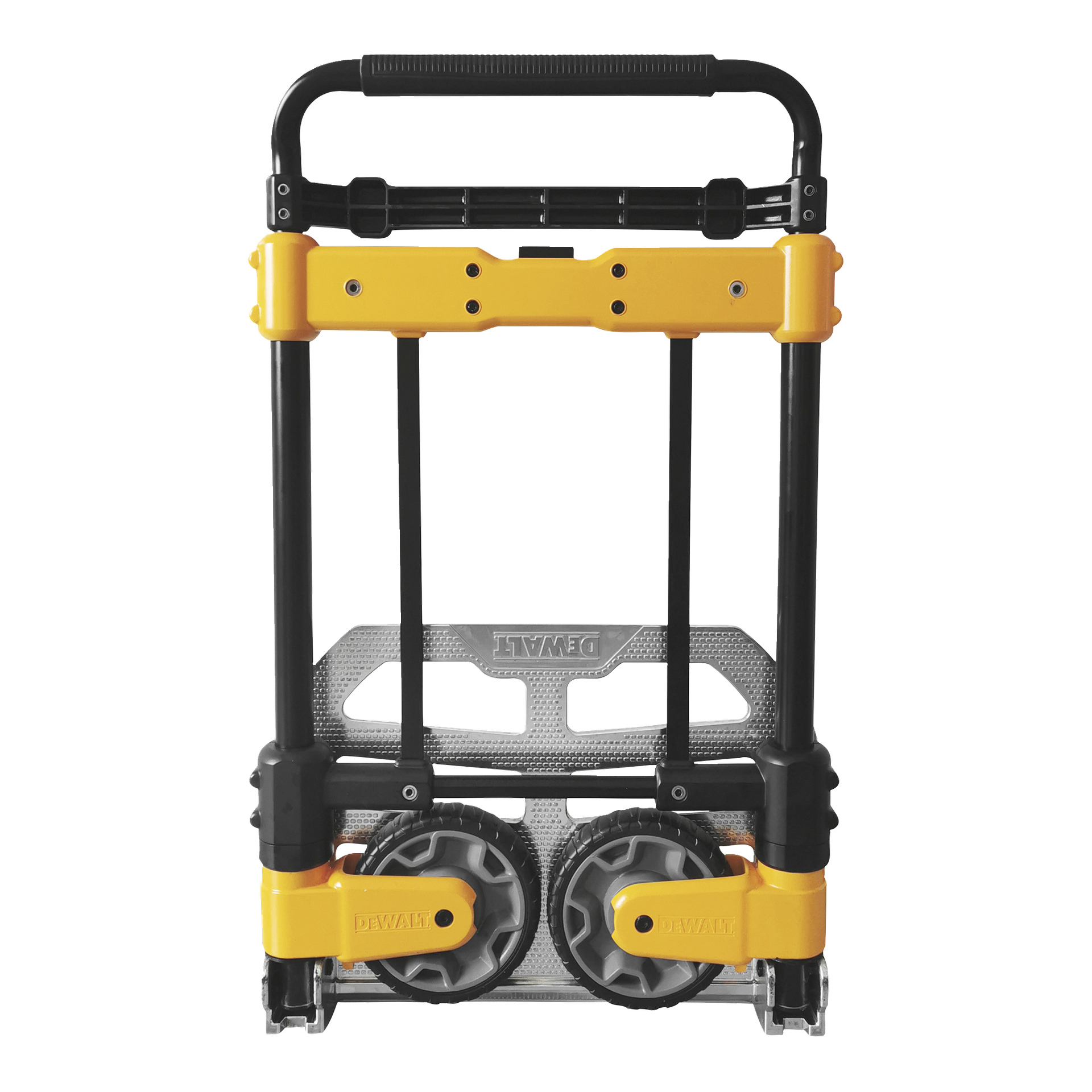 Gul og svart sammenleggbar håndvogn med store hjul og metallplattform, helt foldet oppreist. DEWALT-merkevaren på plattformen.