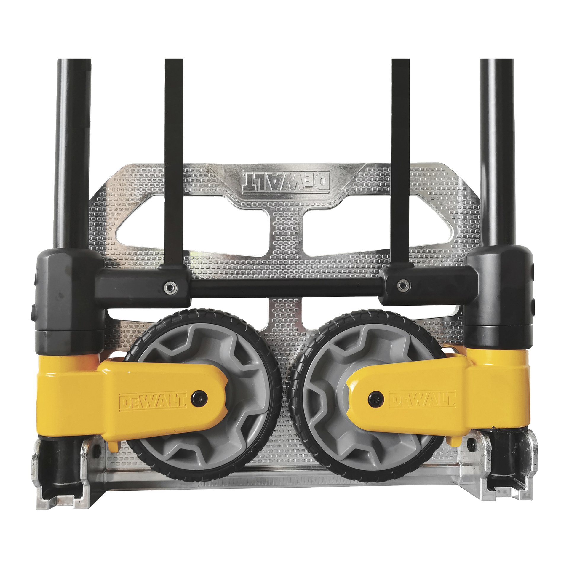 Nærbilde av hjulene på en sammenleggbar håndvogn: to store grå-svarte hjul, gule og svarte støtter, sølvteksturert metallbase, DEWALT-merke.