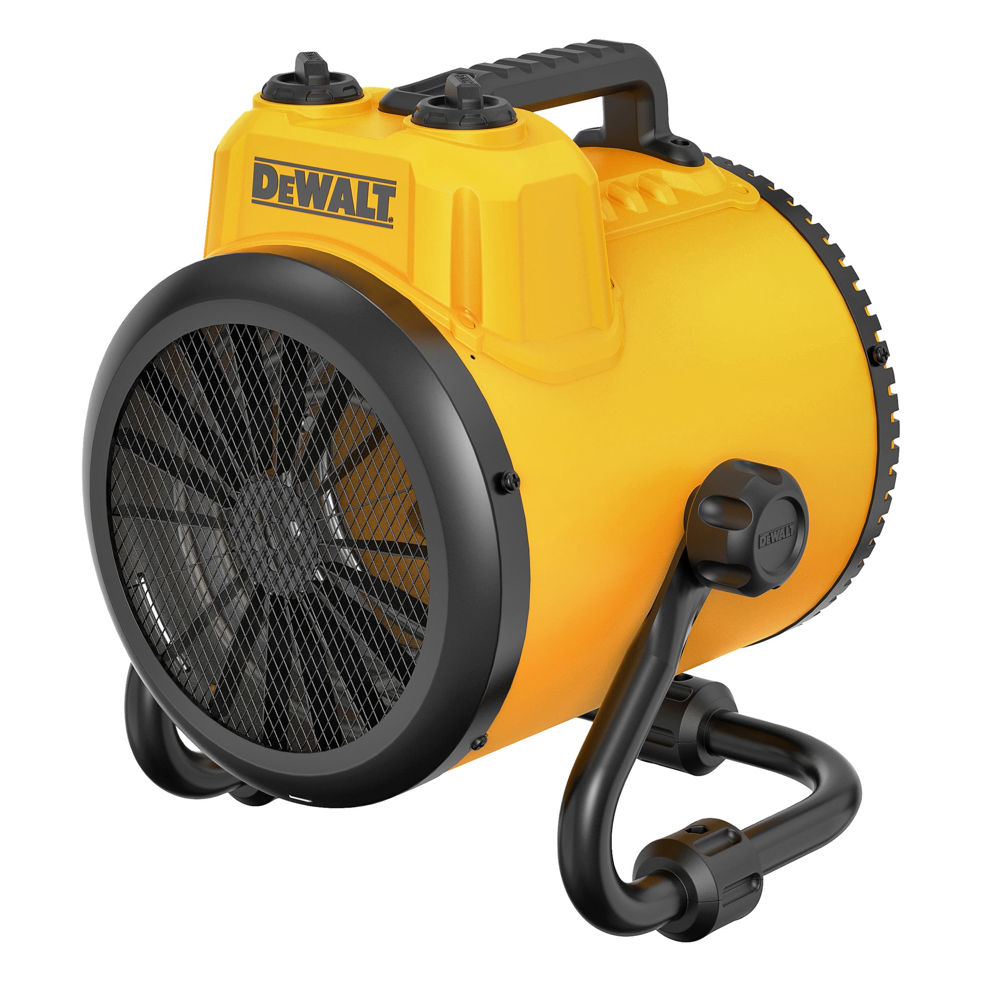 DeWalt Heater-fläkten DXJHXA0002E i gult och svart har ett inbyggt bärhandtag och en stark bas. Dess frontgrill täcker tydligt fläktbladen, med kontrollrattar placerade på toppen.