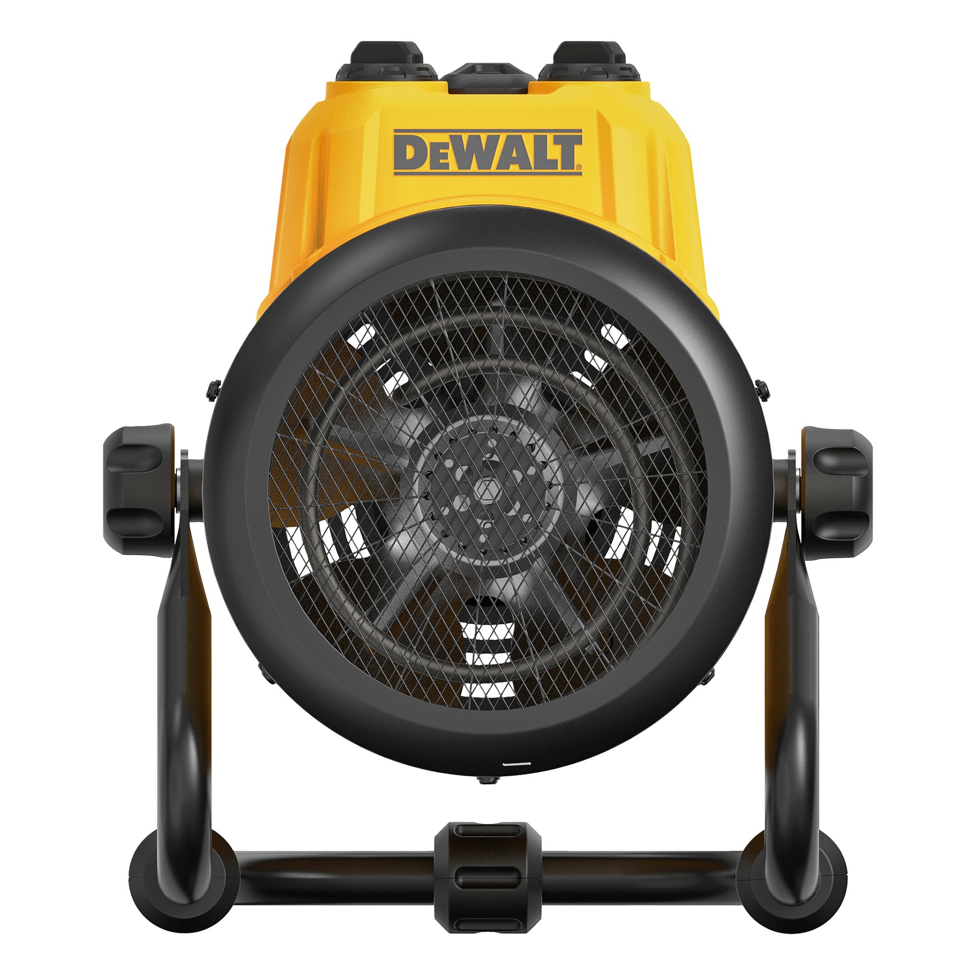 Gul och svart DeWalt Heater Fan DXJHXA0002E framifrån, med ett nätgaller, exponerade fläktblad och justerbara svarta ställ på varje sida.