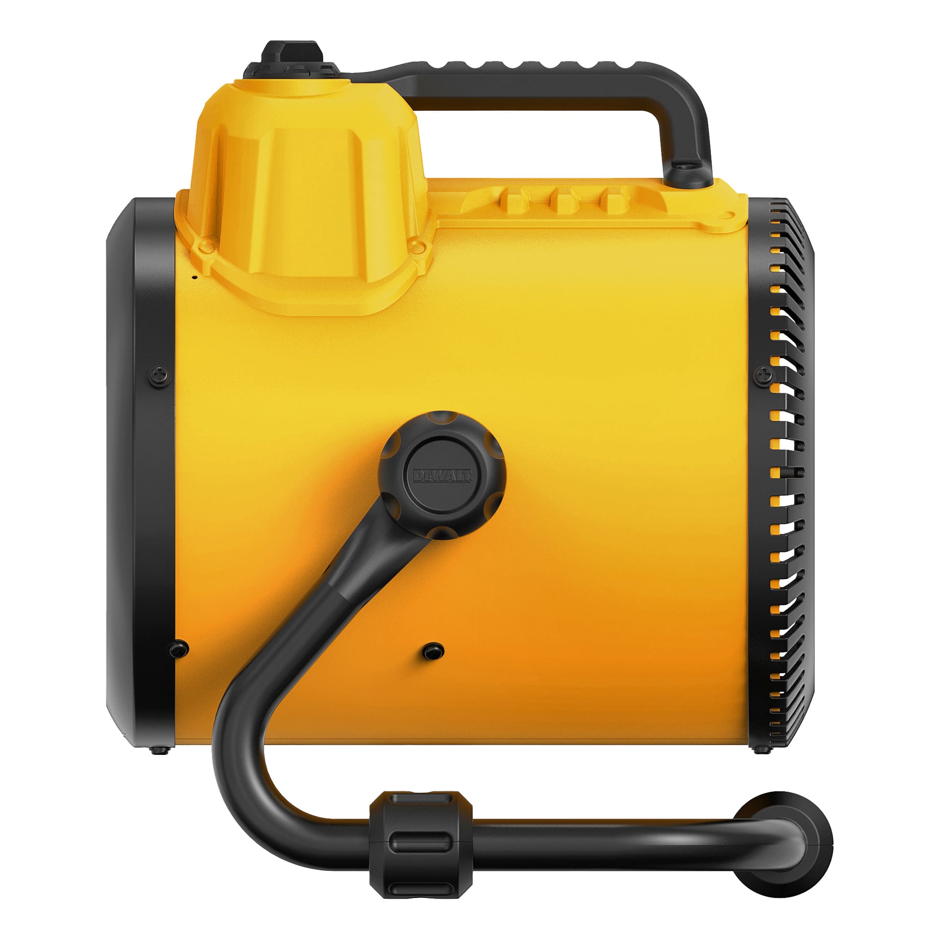 Sidoprofilen på DeWalt Heater Controller DXJHXA0002E med dess gula och svarta färgschema, ett övre bärhandtag, lättillgänglig strömbrytare och en solid svart sockel för stöd. Dess hållbara konstruktion gör den lämplig för verkstäder eller arbetsplatser.